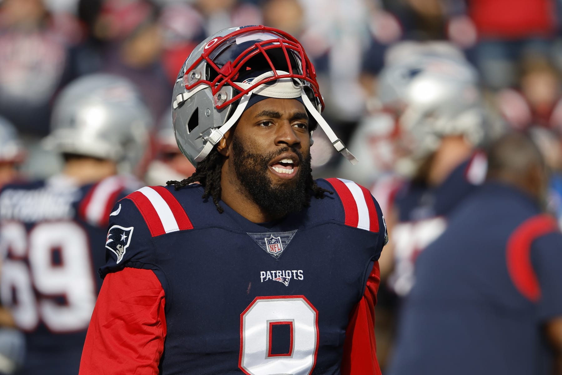 FOXBOROUGH, MASSACHUSETTS - JANUARY 01: Matthew Judon #9 of the New England Patriots before their game against the Miami Dolphins at Gillette Stadium on January 01, 2023 in Foxborough, Massachusetts. (Photo by Winslow Townson/Getty Images)