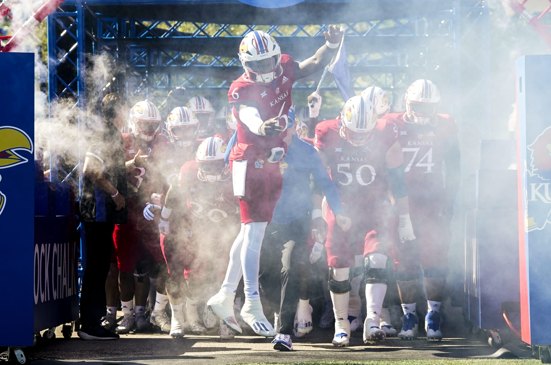 LAWRENCE, KS - SEPTEMBER 24: Jalon Daniels #6 of the Kansas Jayhawks leads the team onto the field before a game against the Duke Blue Devils at David Booth Kansas Memorial Stadium on September 24, 2022 in Lawrence, Kansas. (Photo by Jay Biggerstaff/Getty Images)
