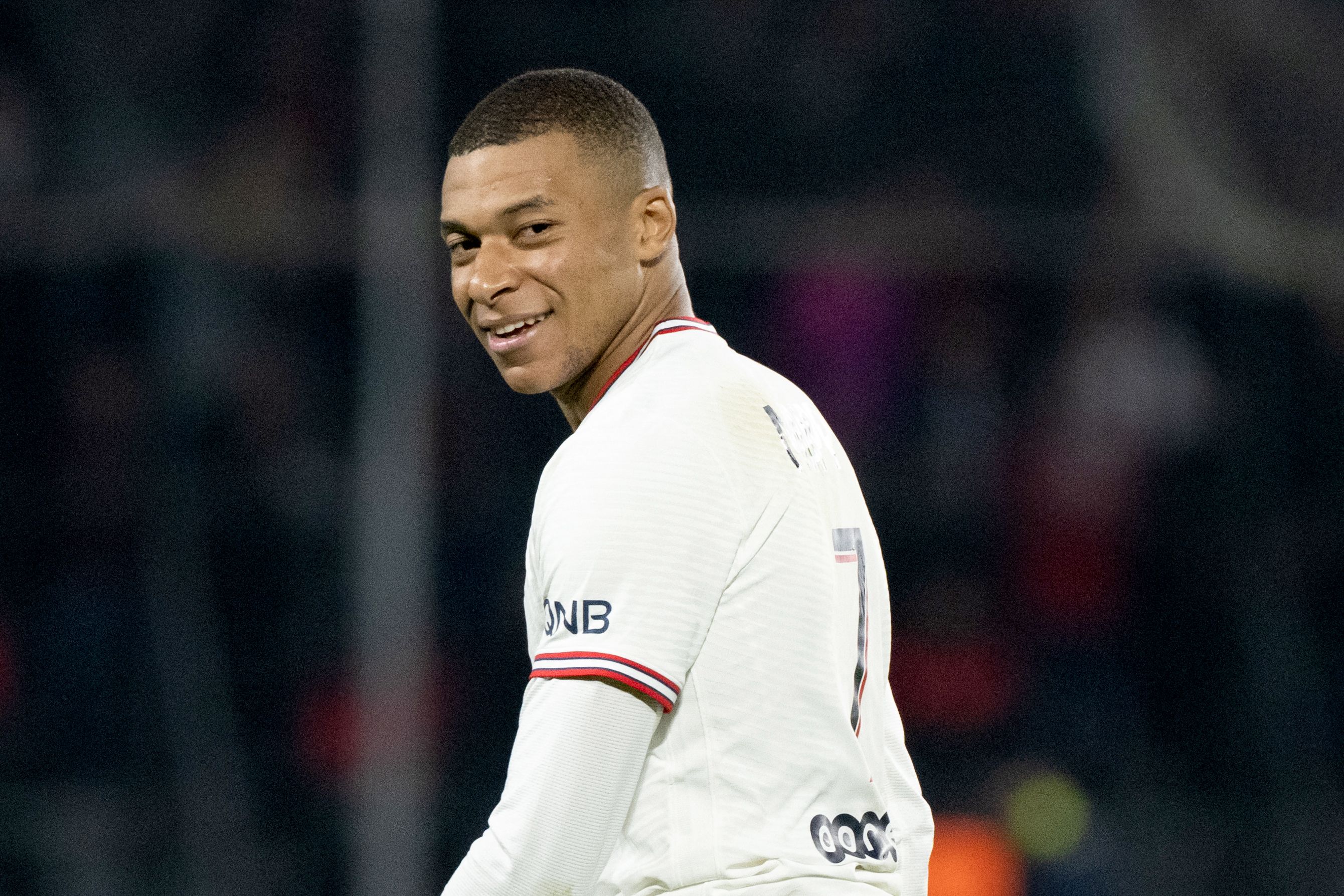Paris Saint-Germain's French forward Kylian Mbappe reacts during the French L1 football match between Angers SCO and Paris Saint-Germain at the Raymond-Kopa Stadium in Angers, north-western France on April 20, 2022. (Photo by LOIC VENANCE / AFP) (Photo by LOIC VENANCE/AFP via Getty Images)