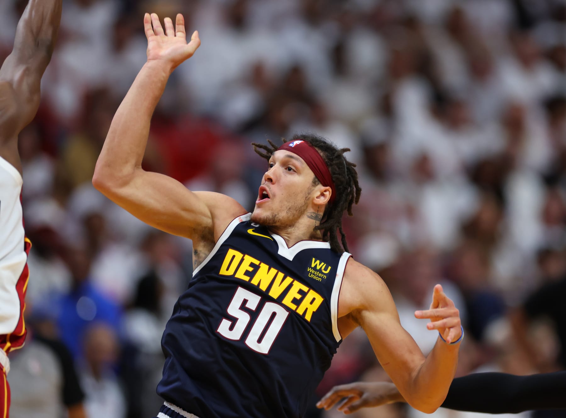 MIAMI, FLORIDA - JUNE 09: Aaron Gordon #50 of the Denver Nuggets defends during the second quarter against the Miami Heat in Game Four of the 2023 NBA Finals at Kaseya Center on June 09, 2023 in Miami, Florida. NOTE TO USER: User expressly acknowledges and agrees that, by downloading and or using this photograph, User is consenting to the terms and conditions of the Getty Images License Agreement. (Photo by Mike Ehrmann/Getty Images)