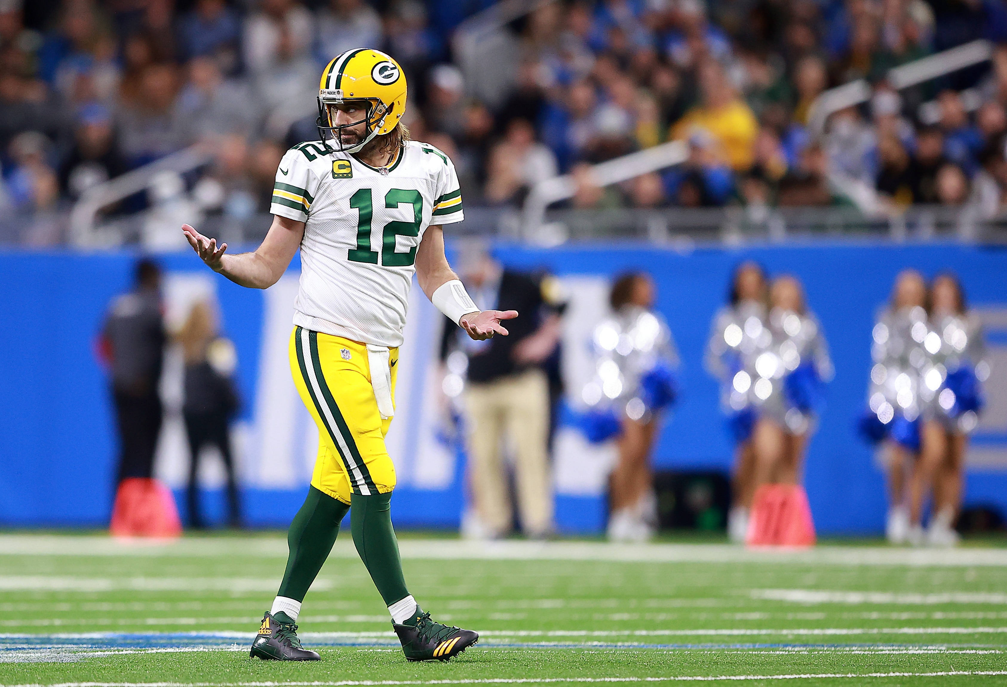 DETROIT, MICHIGAN - JANUARY 09: Aaron Rodgers #12 of the Green Bay Packers reacts against the Detroit Lions during the second quarter at Ford Field on January 09, 2022 in Detroit, Michigan. (Photo by Rey Del Rio/Getty Images)