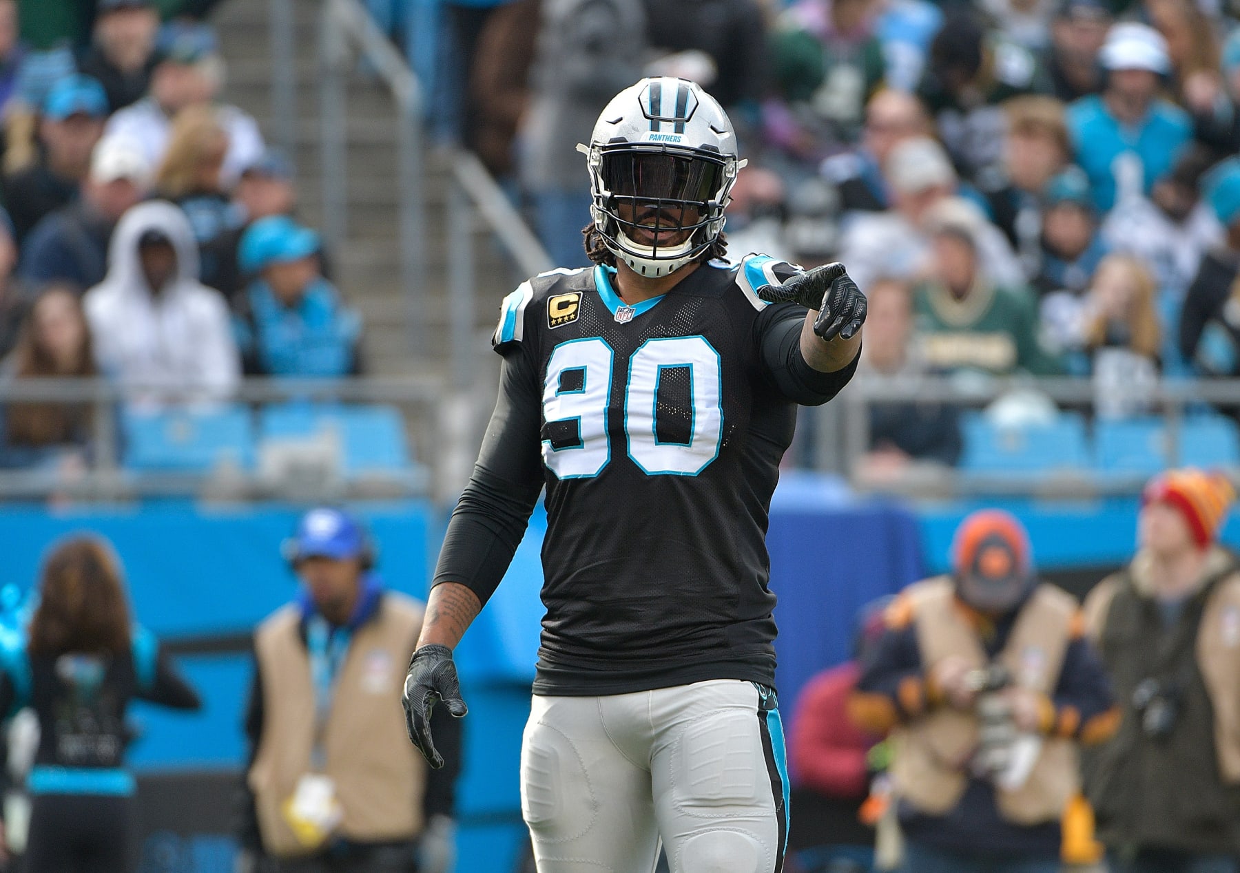 CHARLOTTE, NC - DECEMBER 17:  Julius Peppers #90 of the Carolina Panthers during their game against the Green Bay Packers at Bank of America Stadium on December 17, 2017 in Charlotte, North Carolina. The Panthers won 31-24.  (Photo by Grant Halverson/Getty Images)