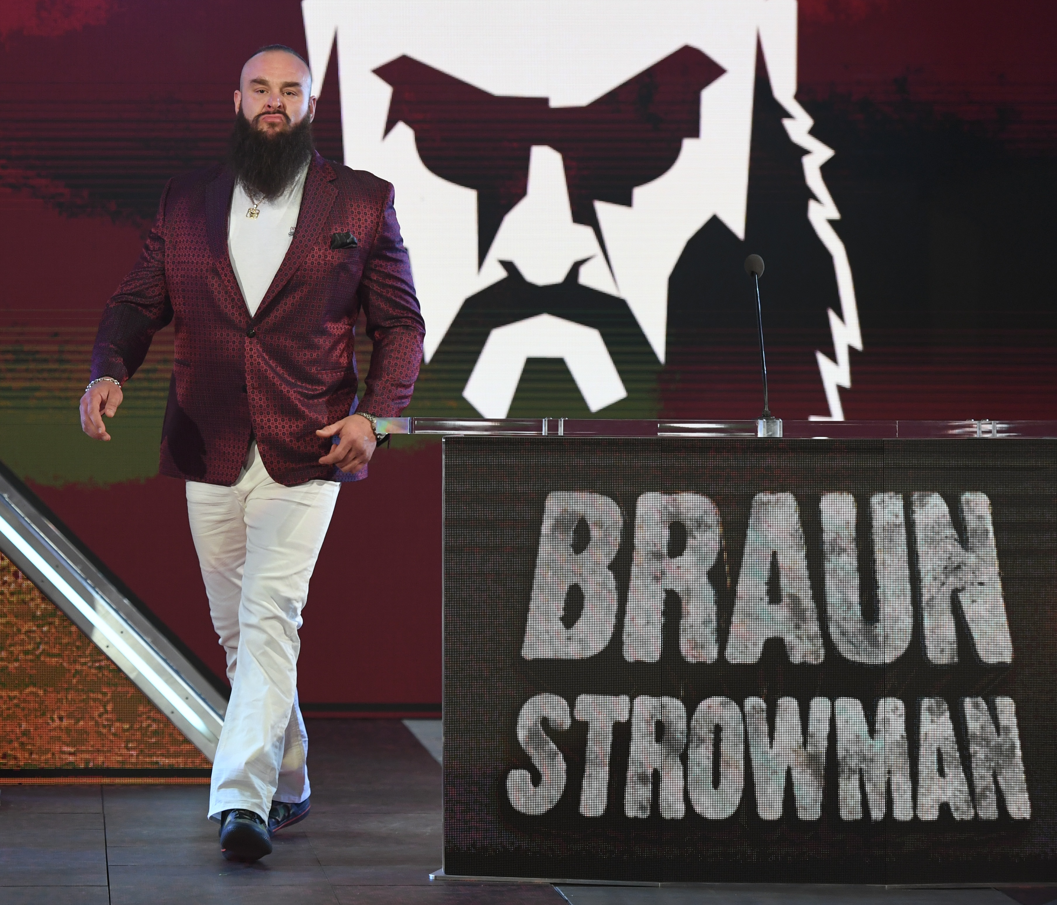 LAS VEGAS, NEVADA - OCTOBER 11:  WWE wrestler Braun Strowman is introduced at a WWE news conference at T-Mobile Arena on October 11, 2019 in Las Vegas, Nevada. Strowman will face heavyweight boxer Tyson Fury and WWE champion Brock Lesnar will take on former UFC heavyweight champion Cain Velasquez at the WWE's Crown Jewel event at Fahd International Stadium in Riyadh, Saudi Arabia on October 31.  (Photo by Ethan Miller/Getty Images)