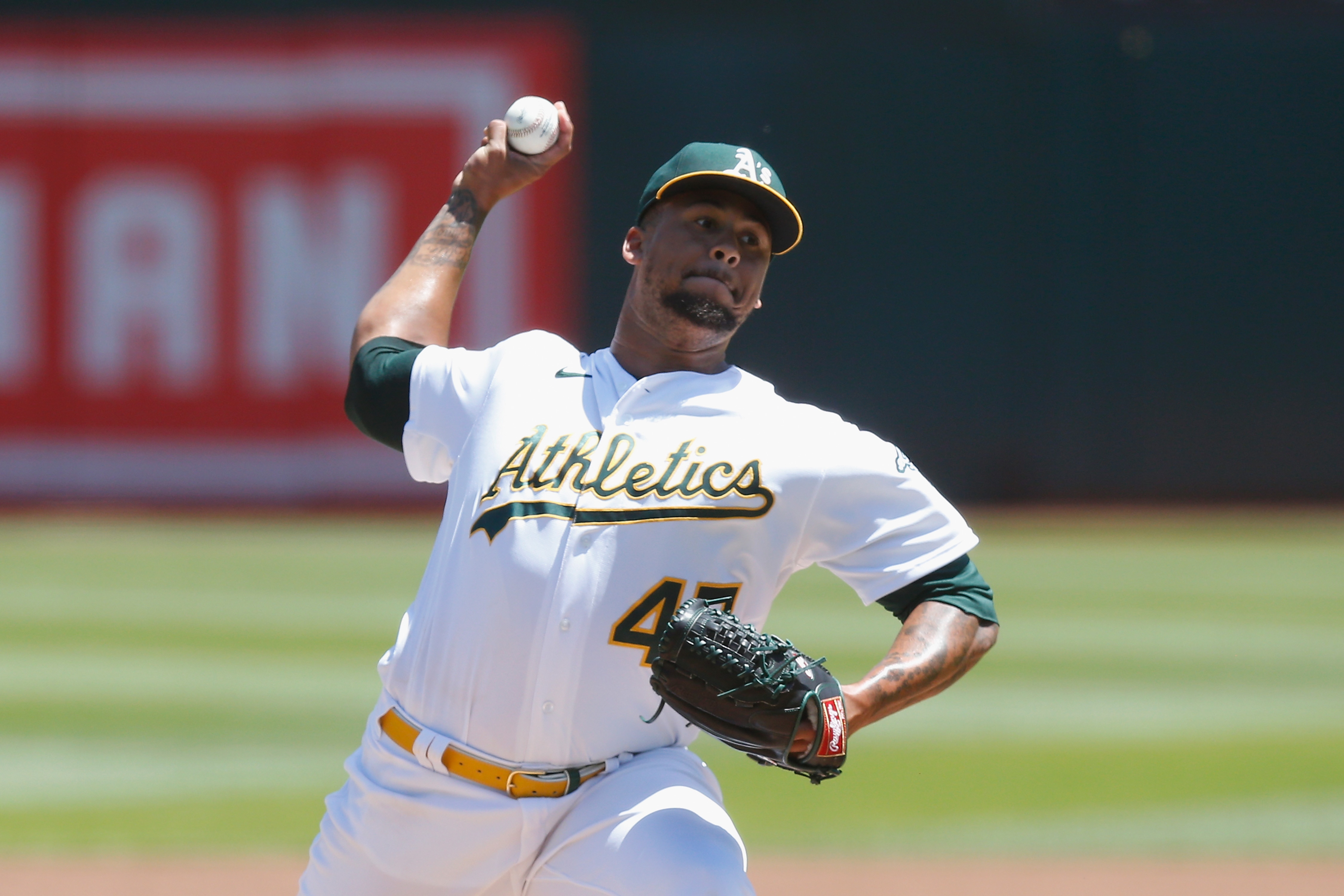 OAKLAND, CALIFORNIA - MAY 04: Frankie Montas #47 of the Oakland Athletics pitches in the top of the first inning against the Tampa Bay Rays at RingCentral Coliseum on May 04, 2022 in Oakland, California. (Photo by Lachlan Cunningham/Getty Images)