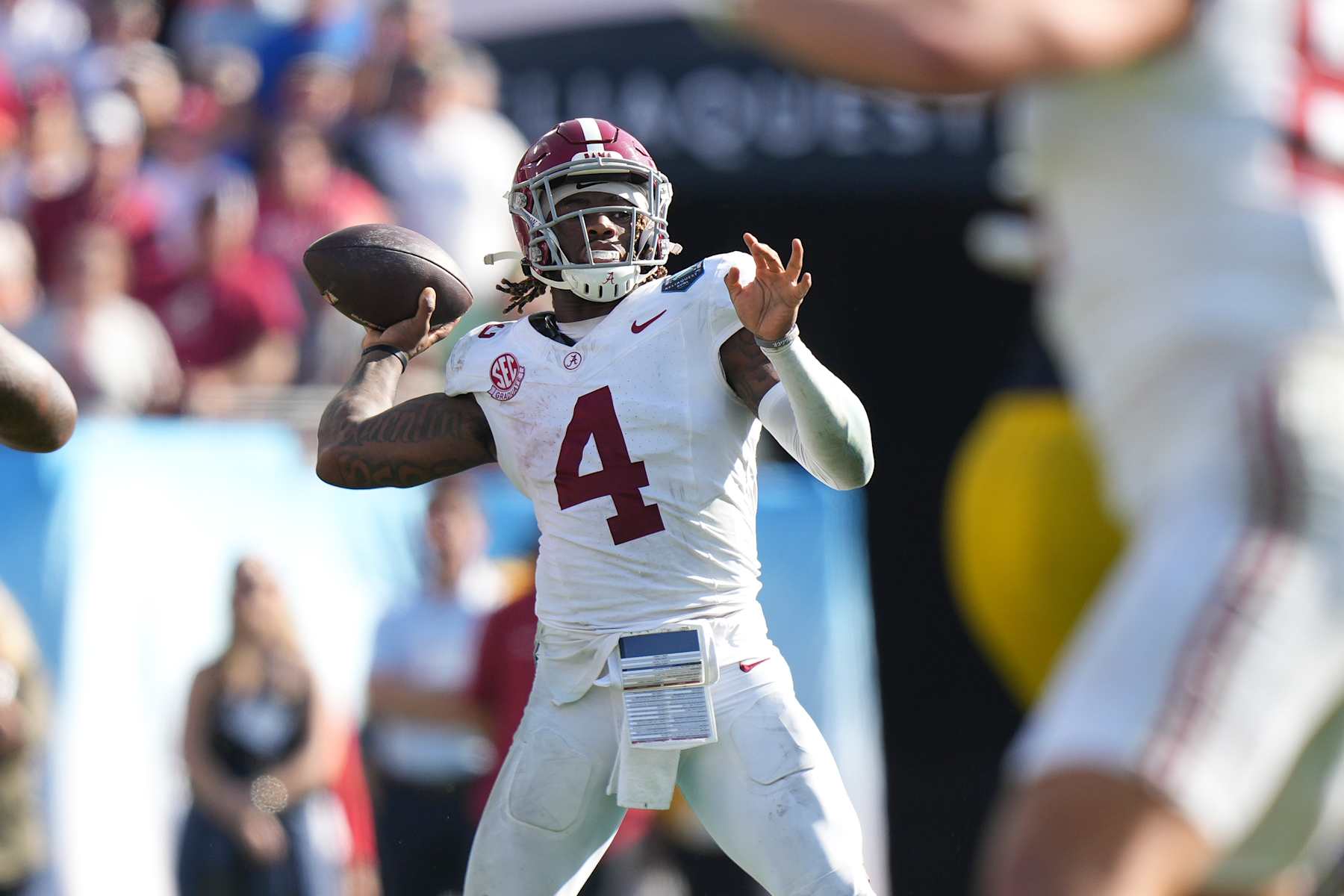 Alabama quarterback Jalen Milroe looks to show more consistency as a passer in Mobile, Ala., during the 2025 Senior Bowl. 