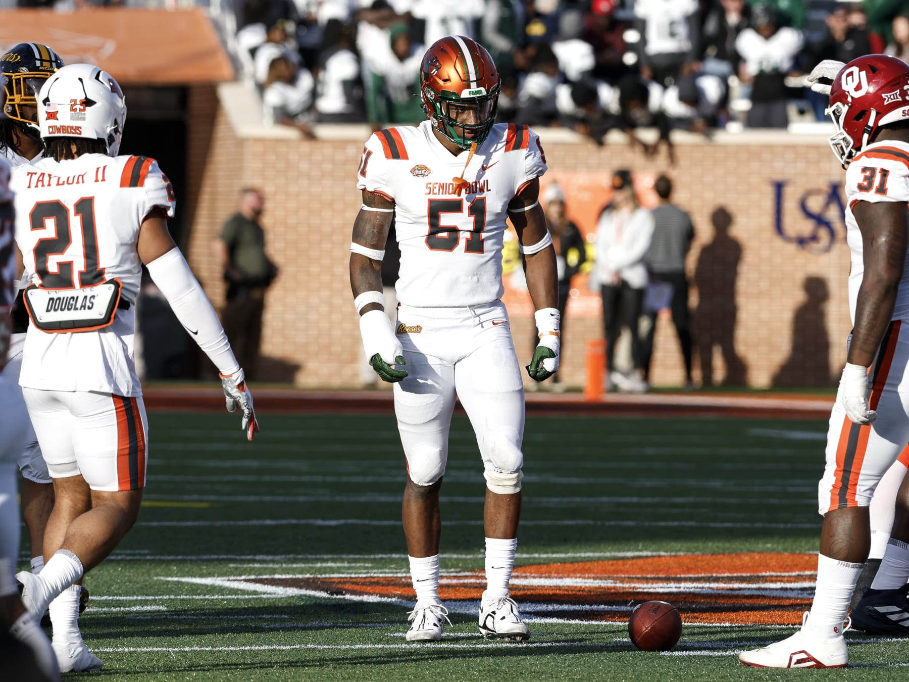 MOBILE, AL - FEBRUARY 04: Linebacker Isaiah Land #51 of the Florida A&M University Rattlers from the American Team during the 2023 Resse's Senior Bowl at Hancock Whitney Stadium on the campus of the University of South Alabama on February 4, 2023 in Mobile, Alabama. The National defeated the American 27 to 10. (Photo by Don Juan Moore/Getty Images)