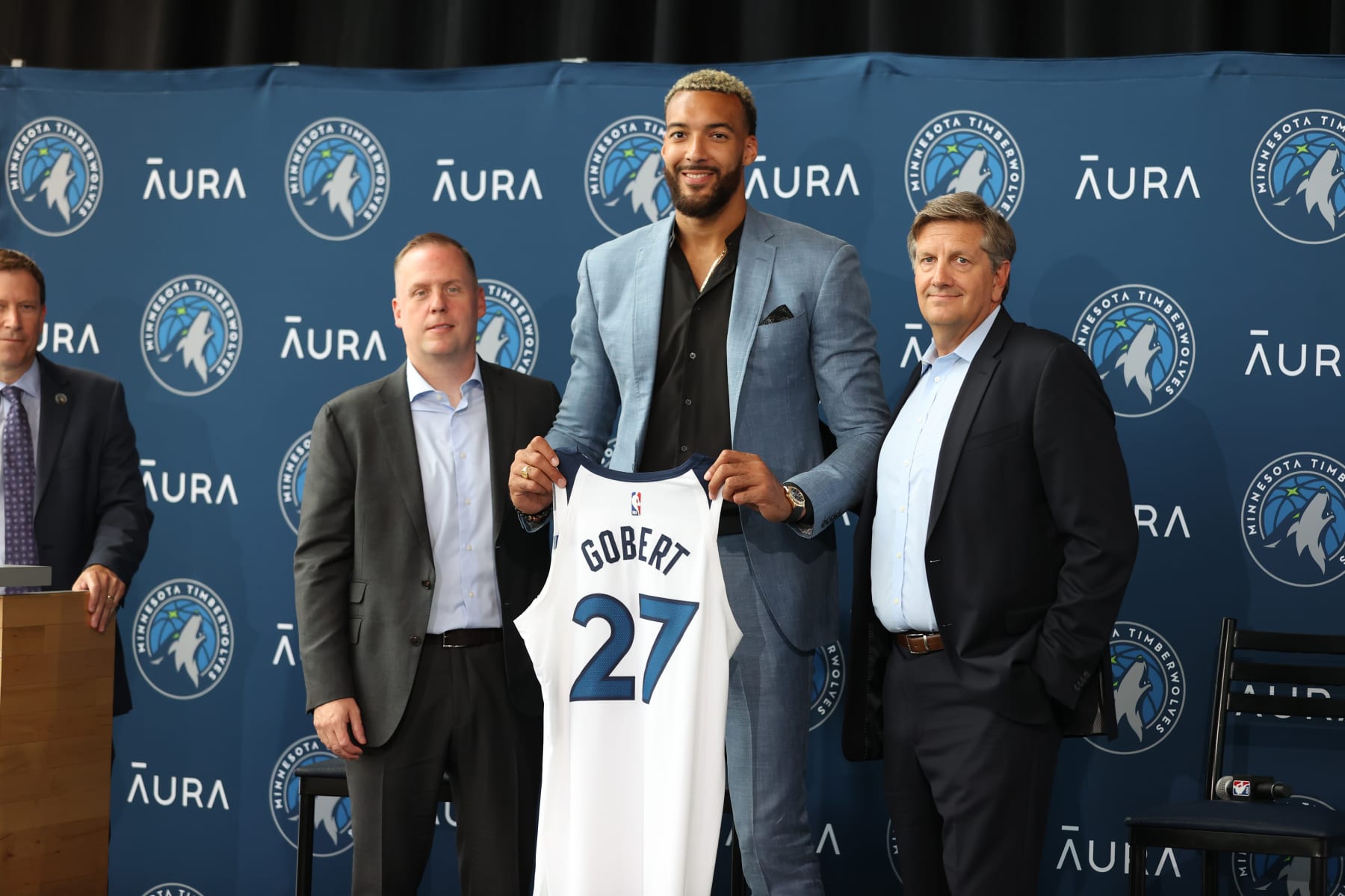 MINNEAPOLIS, MN - JULY 6: Rudy Gobert of the Minnesota Timberwolves poses for a photo with President of Basketball Operations Tim Connelly and Head Coach of the Minnesota Timberwolves Chris Finch after the introductory press conference on July 6, 2022 at Target Center in Minneapolis, Minnesota.  NOTE TO USER: User expressly acknowledges and agrees that, by downloading and or using this Photograph, user is consenting to the terms and conditions of the Getty Images License Agreement. Mandatory Copyright Notice: Copyright 2022 NBAE (Photo by David Sherman/NBAE via Getty Images)