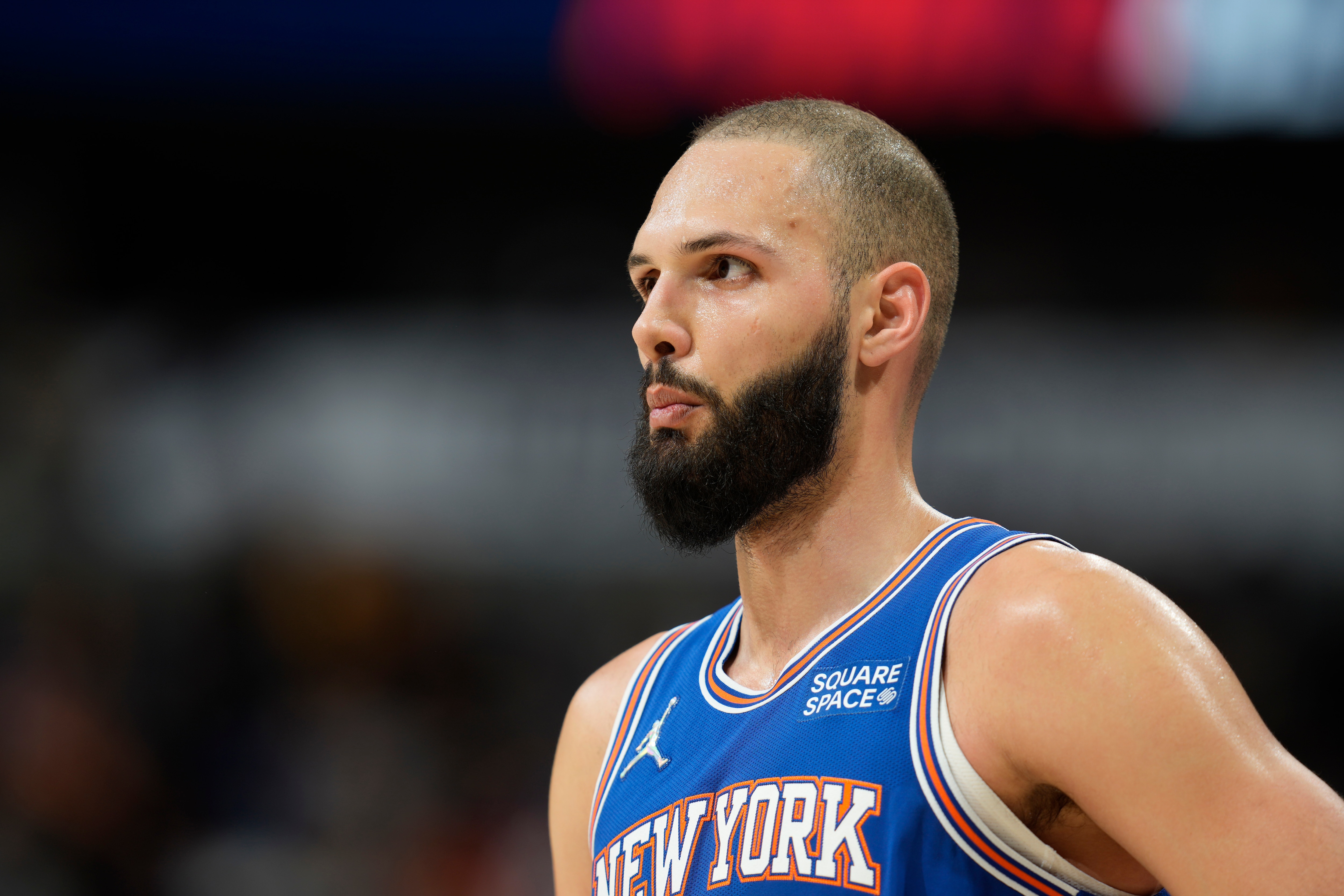 New York Knicks guard Evan Fournier (13) in the second half of an NBA basketball game Tuesday, Feb. 8, 2022, in Denver. The Nuggets won 132-115. (AP Photo/David Zalubowski)