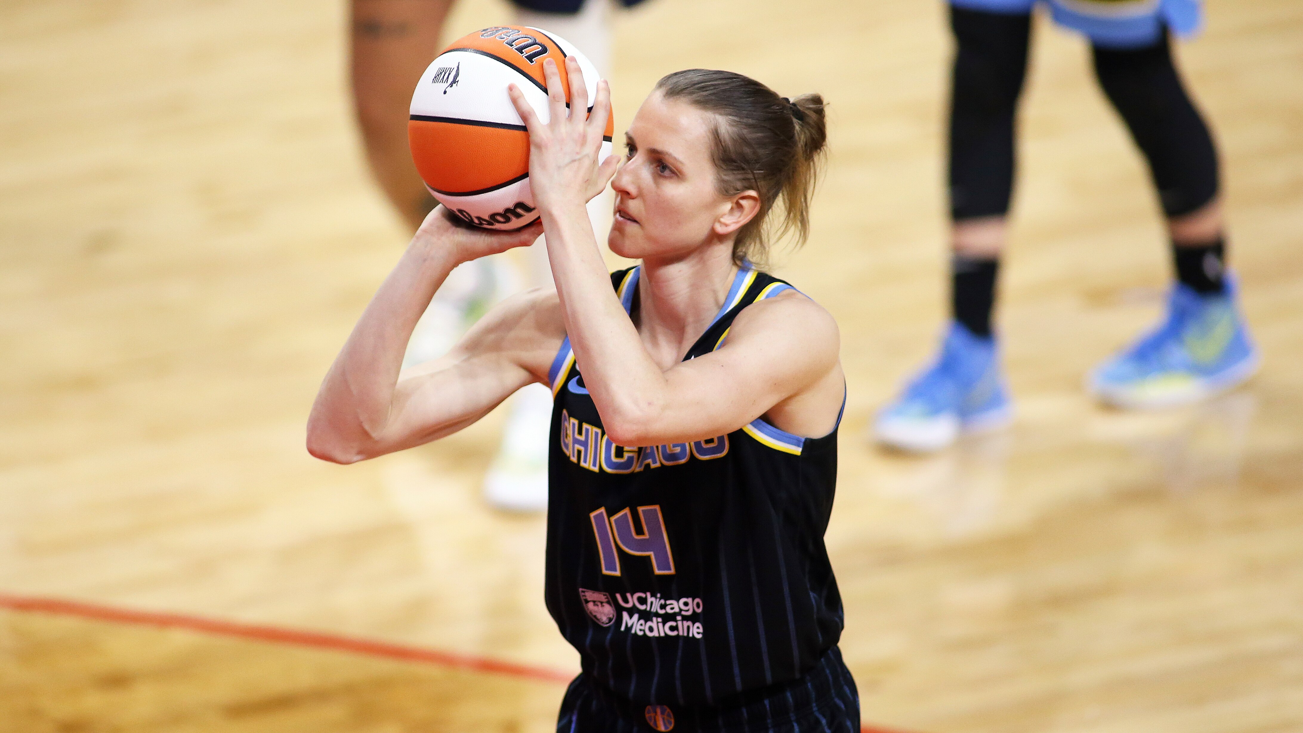 Chicago Sky guard Allie Quigley (14) in action during a WNBA basketball game, Saturday, May 15, 2021, in Washington. (AP Photo/Daniel Kucin Jr.)