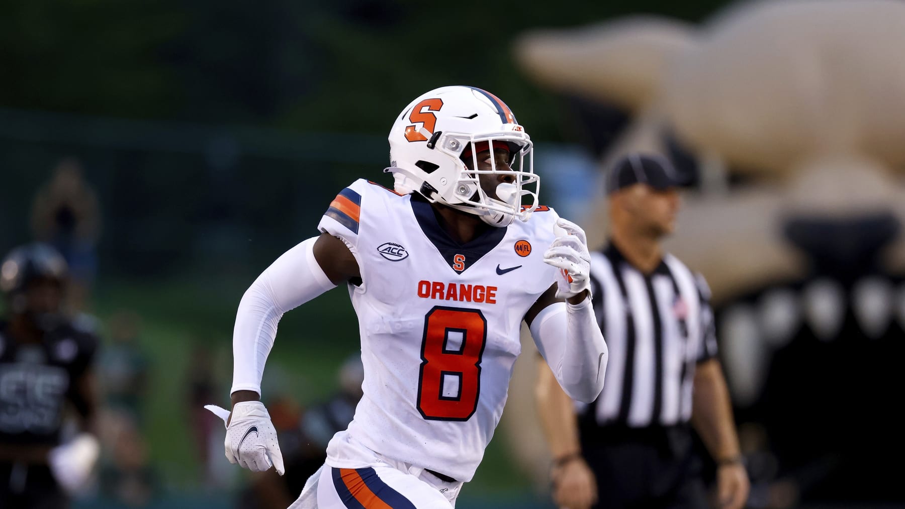 Syracuse Orange defensive back Garrett Williams (8) runs up the field during an NCAA football game against the Ohio Bobcats on Saturday, Sept. 4, 2021, in Athens, Ohio. (AP Photo/Kirk Irwin)