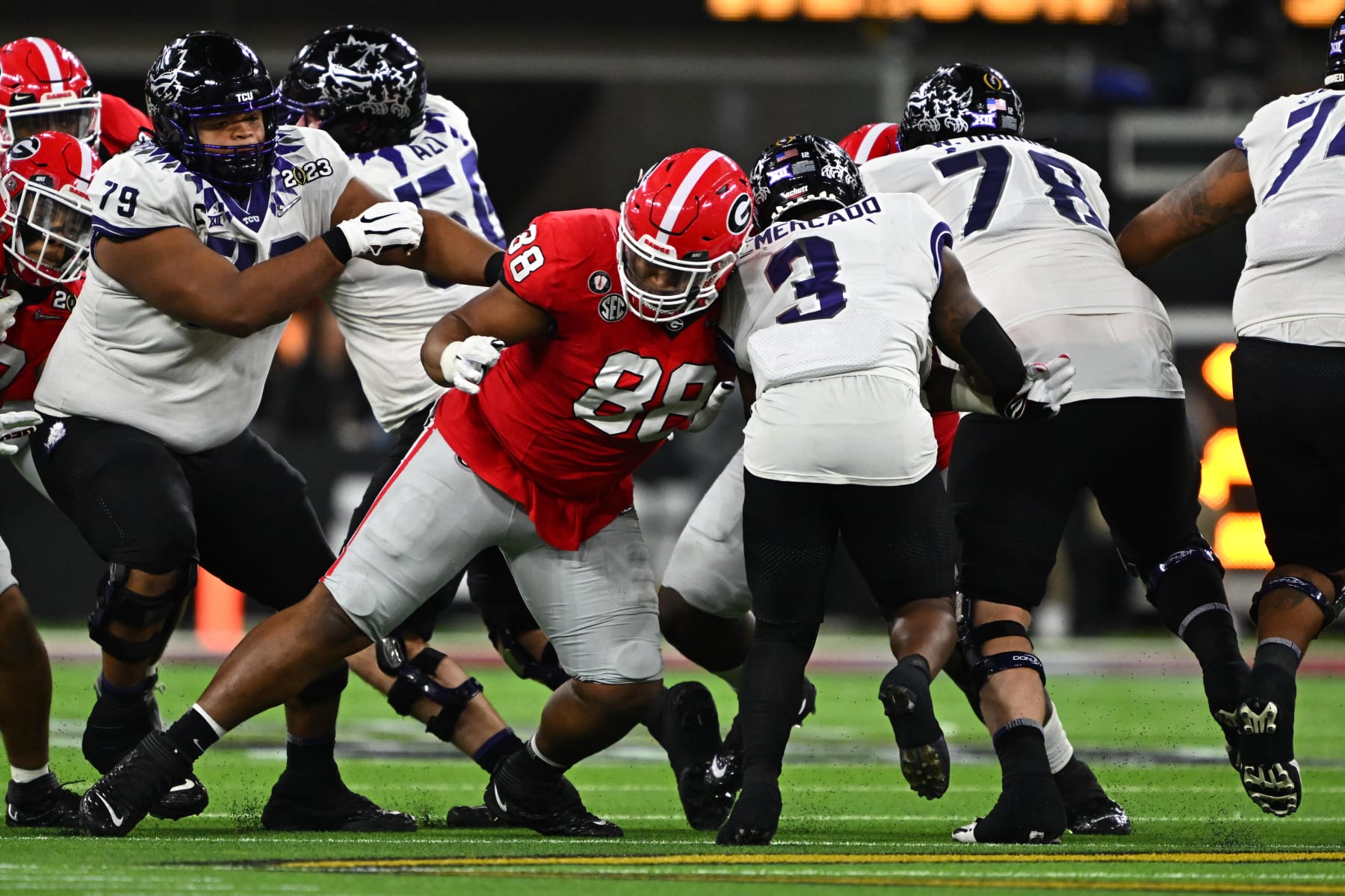 College Football: CFP National Championship: Georgia Jalen Carter (88) in action, makes a tackle vs TCU Emari Demercado (3) at SoFi Stadium. 
Inglewood, CA 1/9/2023 
CREDIT: John W. McDonough (Photo by John W. McDonough/Sports Illustrated via Getty Images) 
(Set Number: X164273 TK1)