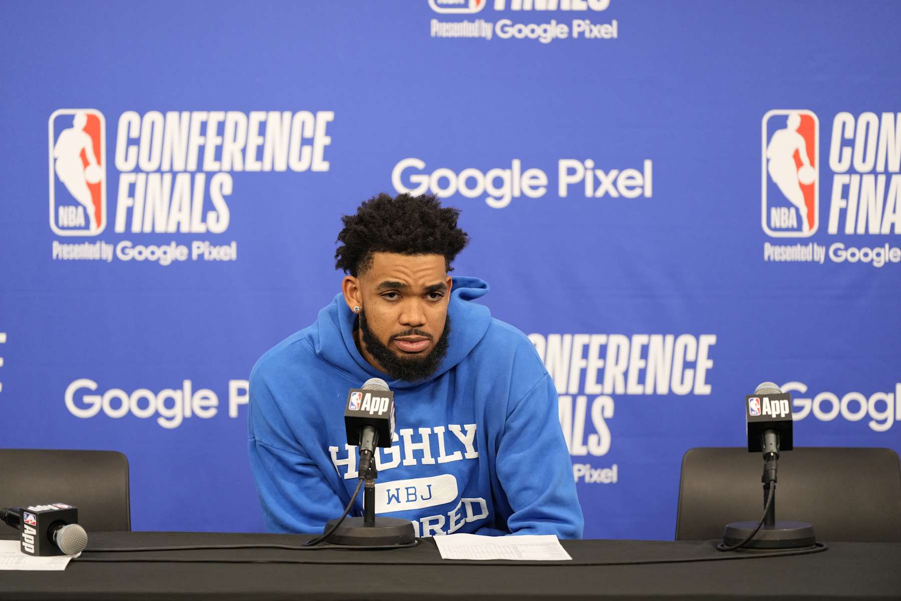 MINNEAPOLIS, MN - MAY 30: Karl-Anthony Towns #32 of the Minnesota Timberwolves talks to the media after the game against the Dallas Mavericks during Game 5 of the Western Conference Finals of the 2024 NBA Playoffs on May 30, 2024 at Target Center in Minneapolis, Minnesota. NOTE TO USER: User expressly acknowledges and agrees that, by downloading and or using this Photograph, user is consenting to the terms and conditions of the Getty Images License Agreement. Mandatory Copyright Notice: Copyright 2024 NBAE (Photo by Jordan Johnson/NBAE via Getty Images)