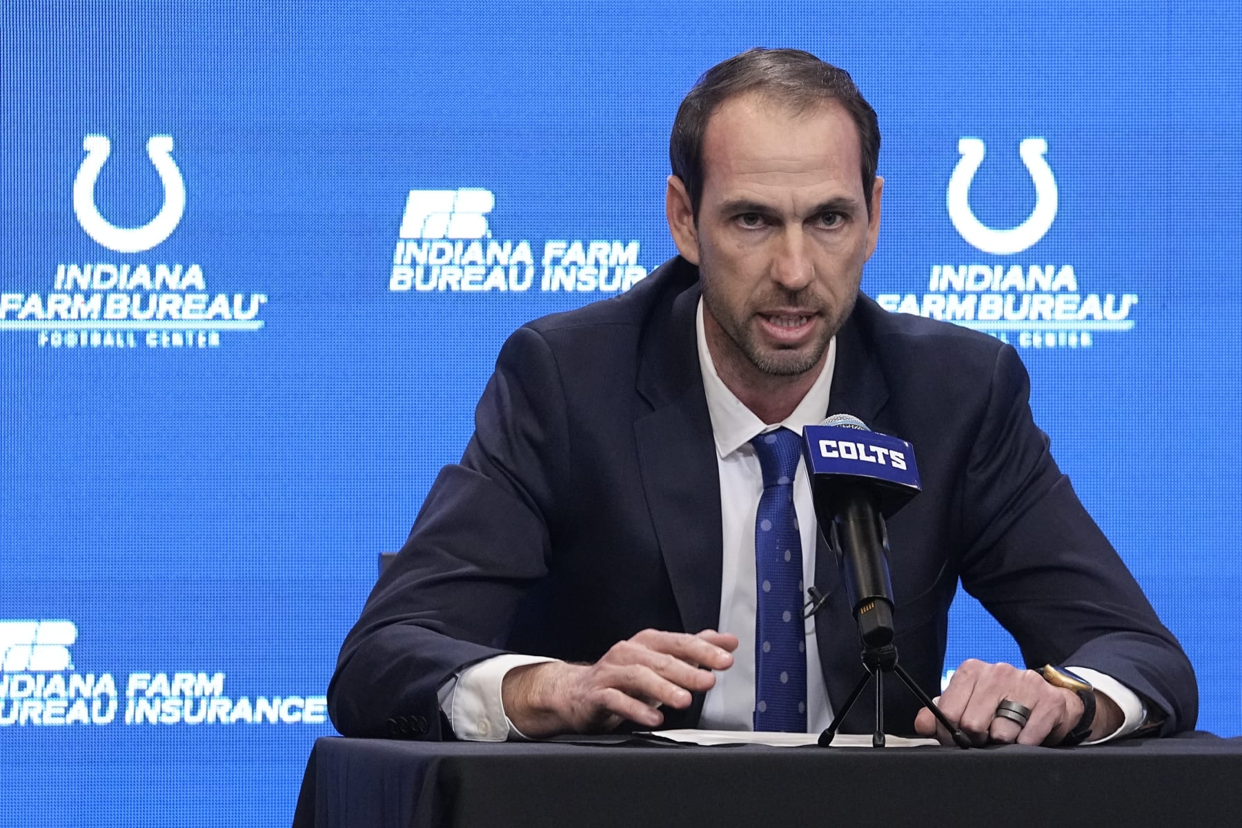 Shane Steichen speaks during a news conference, Tuesday, Feb. 14, 2023, in Indianapolis. Steichen was introduced as the Colts new head coach. (AP Photo/Darron Cummings)