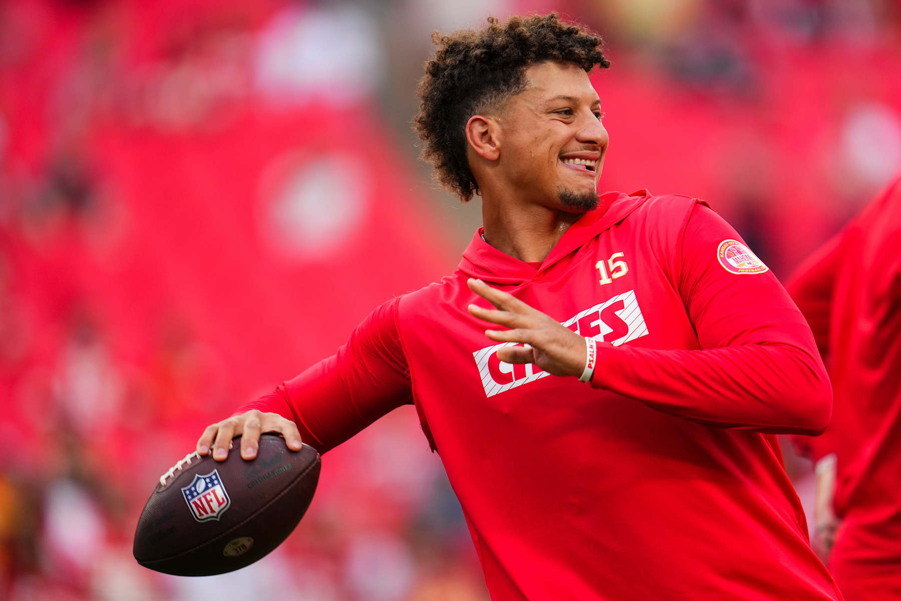 KANSAS CITY, MO - SEPTEMBER 05: Patrick Mahomes #15 of the Kansas City Chiefs warms up prior to an NFL football game against the Baltimore Ravens at GEHA Field at Arrowhead Stadium on September 5, 2024 in Kansas City, California. (Photo by Cooper Neill/Getty Images)
