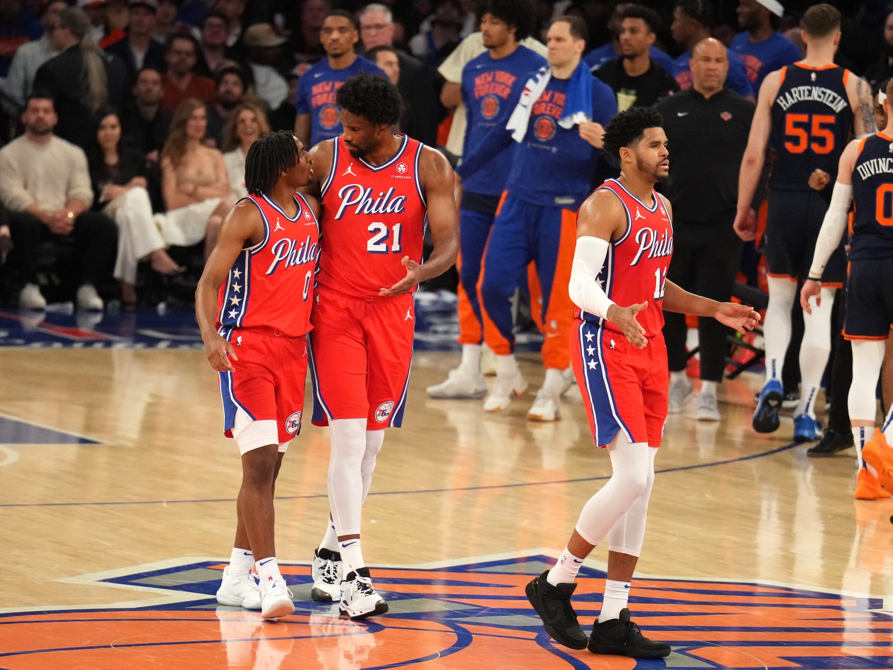 NEW YORK, NY - APRIL 22:  Joel Embiid #21 and Tyrese Maxey #0 of the Philadelphia 76ers look on during the game against the New York Knicks during Round 1 Game 2 of the 2024 NBA Playoffs on April 22, 2024 at Madison Square Garden in New York City, New York.  NOTE TO USER: User expressly acknowledges and agrees that, by downloading and or using this photograph, User is consenting to the terms and conditions of the Getty Images License Agreement. Mandatory Copyright Notice: Copyright 2024 NBAE  (Photo by Jesse D. Garrabrant/NBAE via Getty Images)