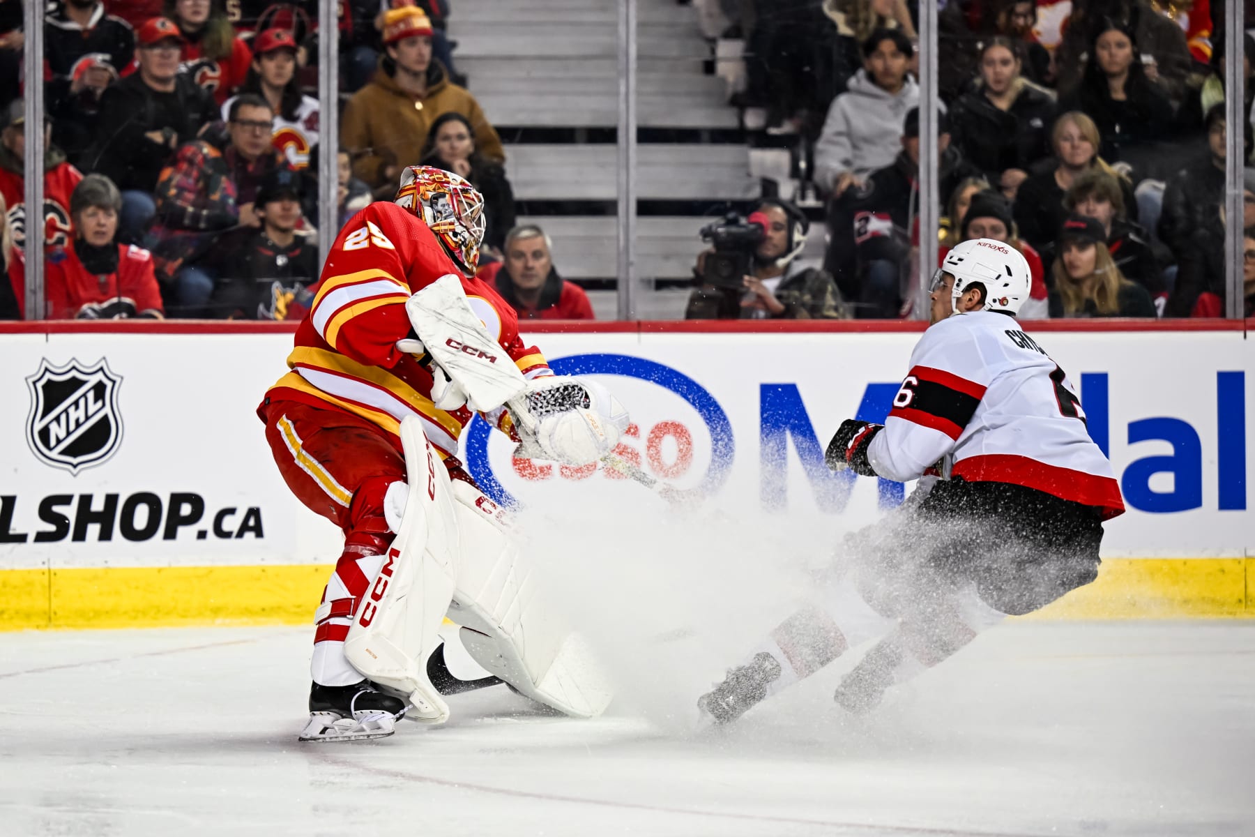 Calgary goaltender Jacob Markström (left) and Ottawa defenseman Jakob Chychrun. 