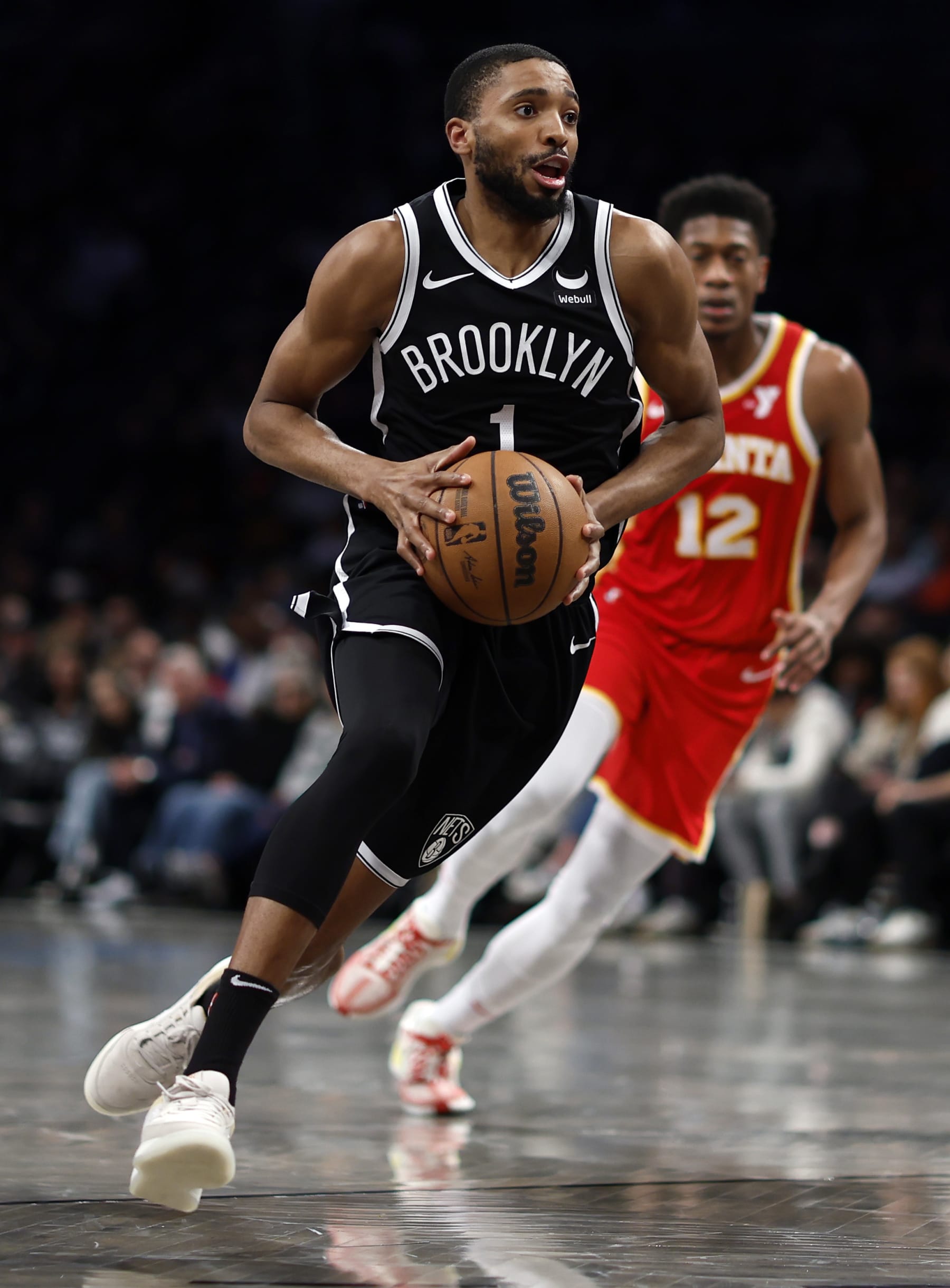 NEW YORK, NEW YORK - MARCH 02: Mikal Bridges #1 of the Brooklyn Nets dribbles during the first half against the Atlanta Hawks at Barclays Center on March 02, 2024 in the Brooklyn borough of New York City. NOTE TO USER: User expressly acknowledges and agrees that, by downloading and or using this photograph, User is consenting to the terms and conditions of the Getty Images License Agreement. (Photo by Sarah Stier/Getty Images)