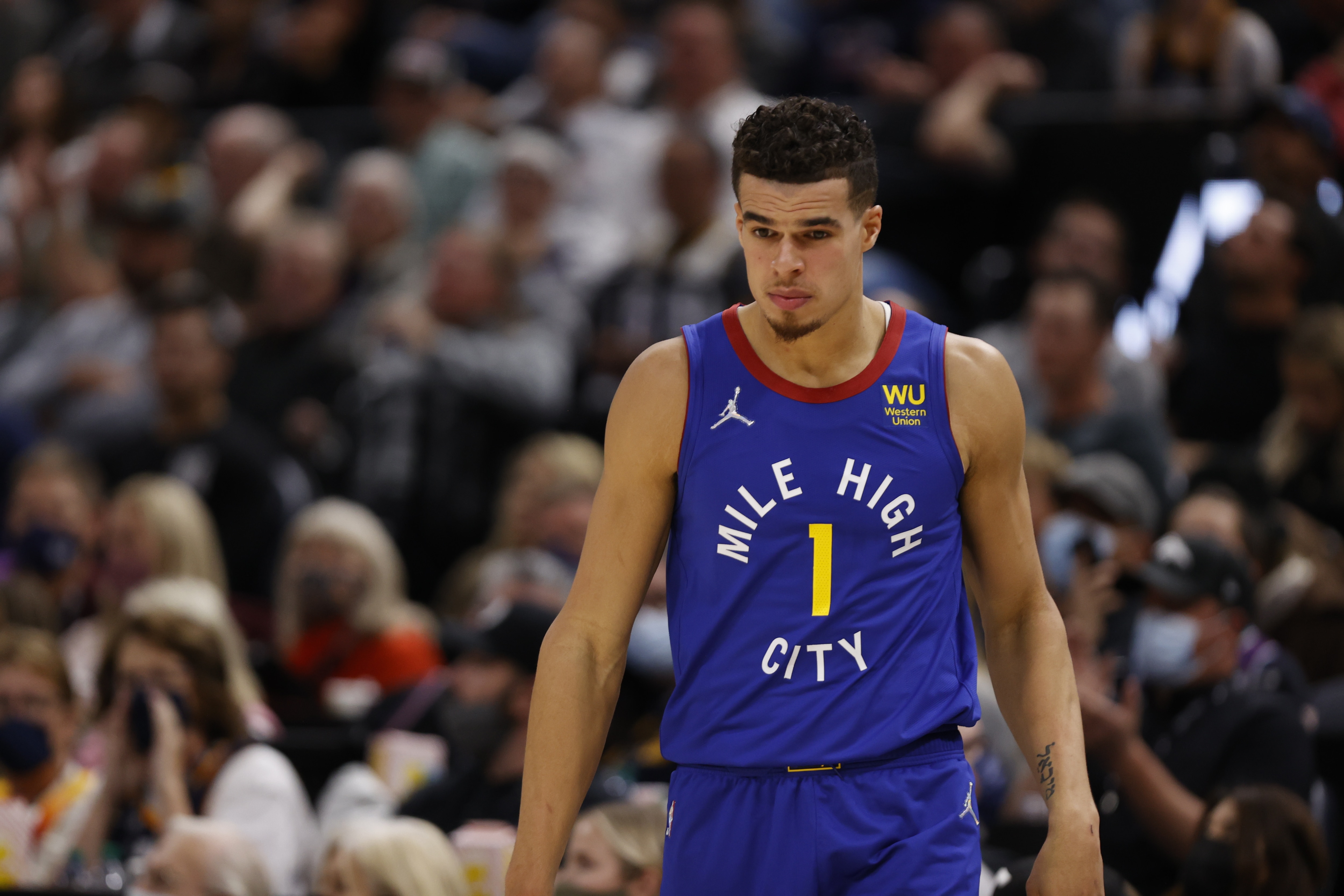 SALT LAKE CITY, UT - OCTOBER 26: Michael Porter Jr. #1 of the Denver Nuggets looks on during the game against the Utah Jazz on October 26, 2021 at vivint.SmartHome Arena in Salt Lake City, Utah. NOTE TO USER: User expressly acknowledges and agrees that, by downloading and or using this Photograph, User is consenting to the terms and conditions of the Getty Images License Agreement. Mandatory Copyright Notice: Copyright 2021 NBAE (Photo by Jeff Swinger/NBAE via Getty Images)