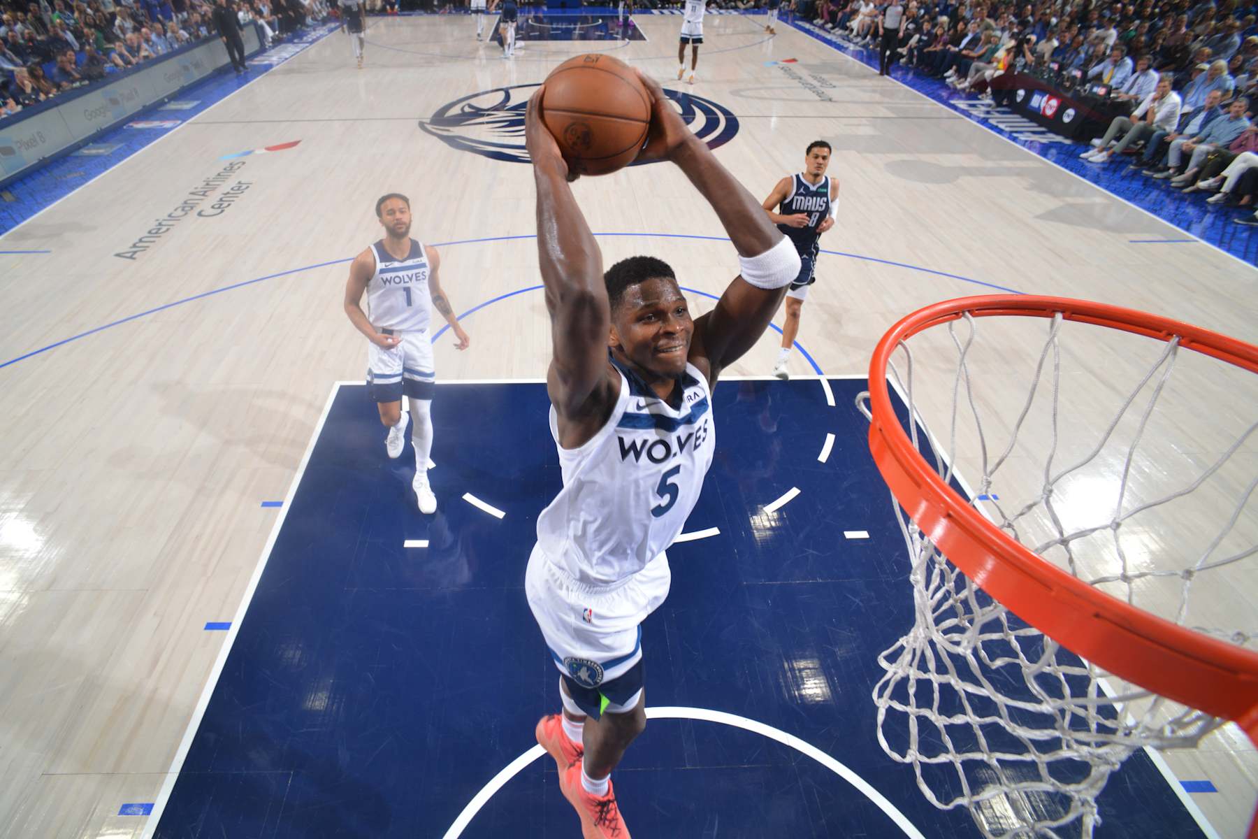 DALLAS, TX - MAY 26: Anthony Edwards #5 of the Minnesota Timberwolves dunks the ball during the game against the Dallas Mavericks during Game 3 of the Western Conference Finals of the 2024 NBA Playoffs on May 26, 2024 at the American Airlines Center in Dallas, Texas. NOTE TO USER: User expressly acknowledges and agrees that, by downloading and or using this photograph, User is consenting to the terms and conditions of the Getty Images License Agreement. Mandatory Copyright Notice: Copyright 2024 NBAE (Photo by Jesse D. Garrabrant/NBAE via Getty Images)