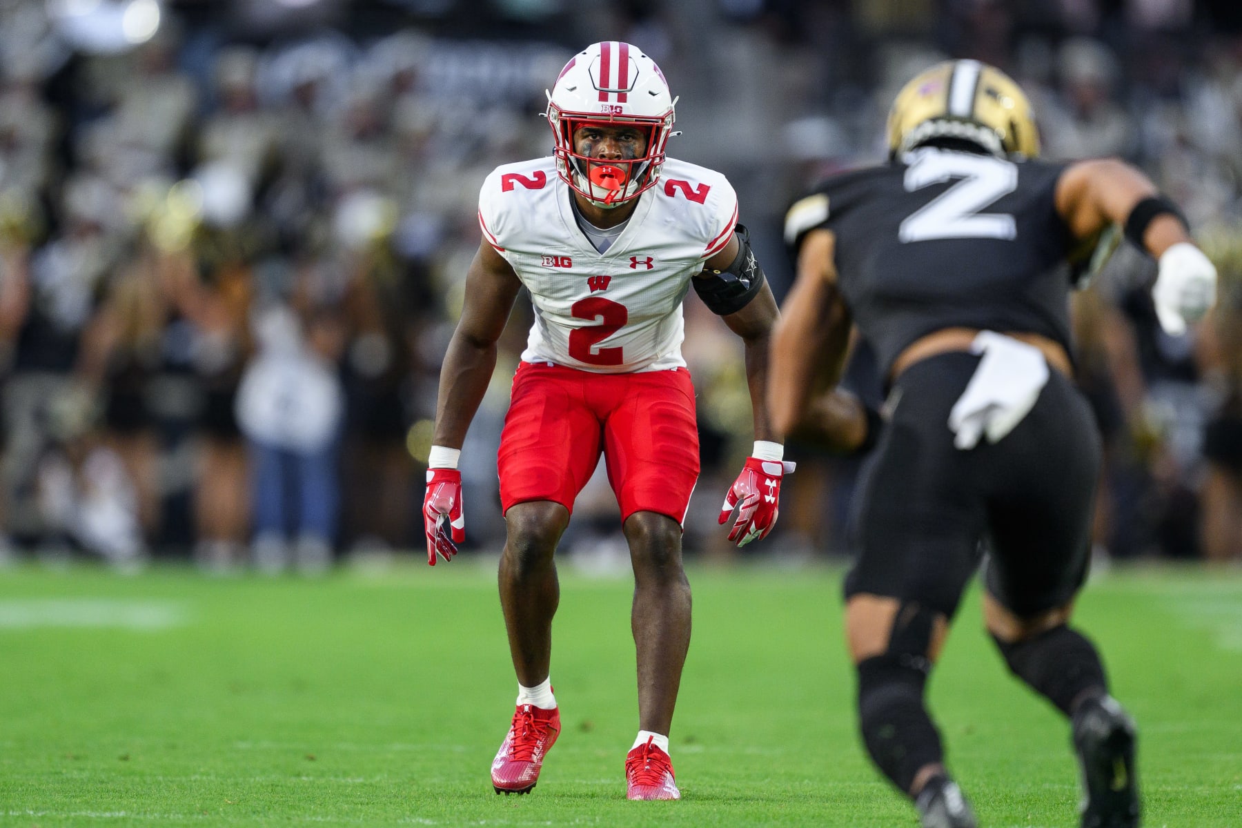 WEST LAFAYETTE, IN - SEPTEMBER 22: Wisconsin Badgers cornerback Ricardo Hallman (2) lines up on defense during the college football game between the Purdue Boilermakers and Wisconsin Badgers on September 22, 2023, at Ross-Ade Stadium in West Lafayette, IN. (Photo by Zach Bolinger/Icon Sportswire via Getty Images)