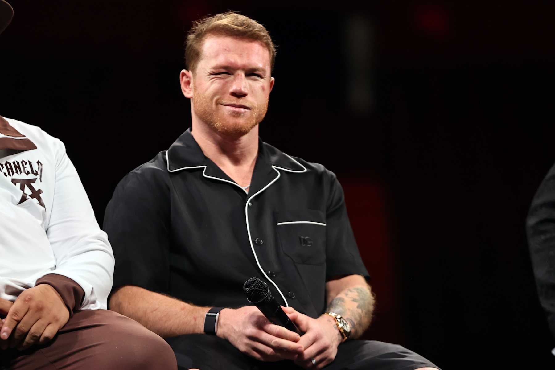 LAS VEGAS, NEVADA - SEPTEMBER 14: Canelo Alvarez speaks during a press conference after defeating Edgar Berlanga at T-Mobile Arena on September 14, 2024 in Las Vegas, Nevada. (Photo by Omar Vega/Getty Images)