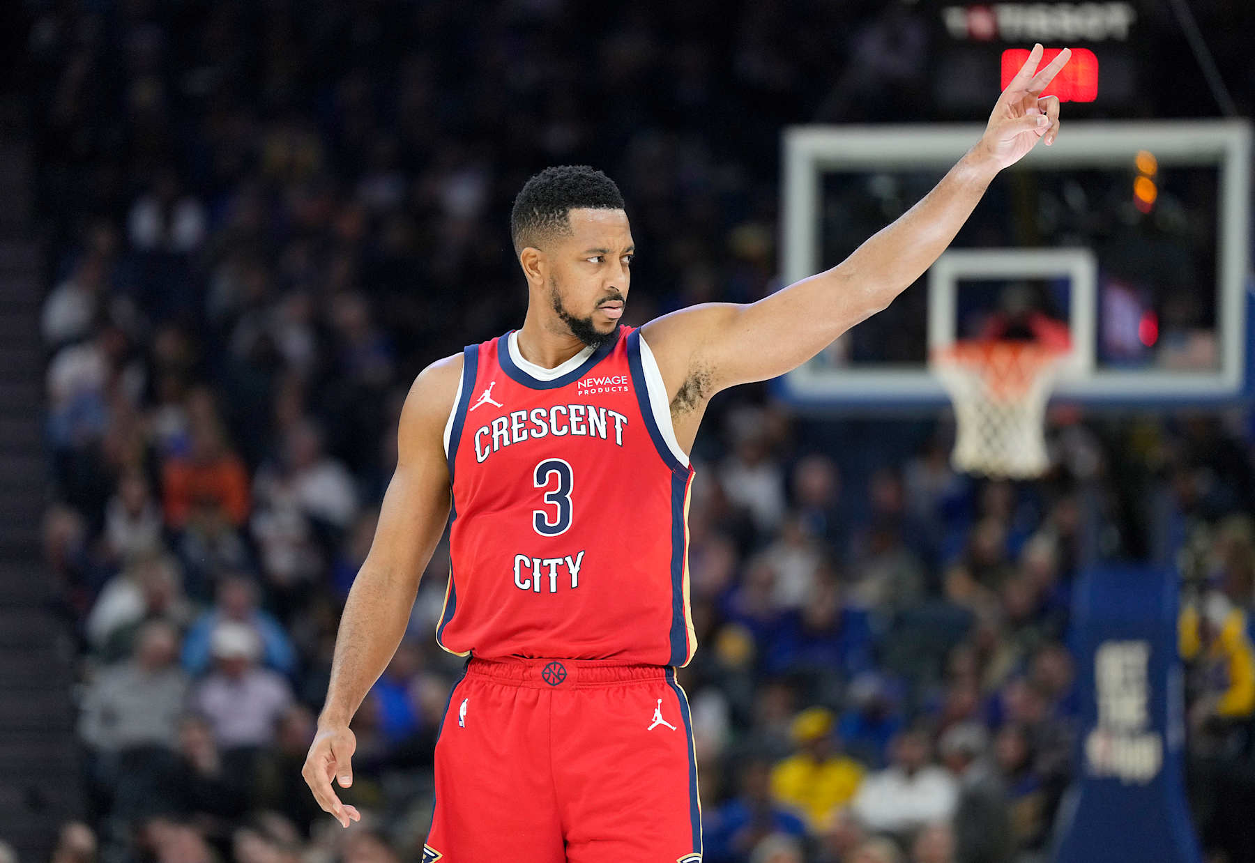 SAN FRANCISCO, CALIFORNIA - OCTOBER 29: CJ McCollum #3 of the New Orleans Pelicans looks on against the Golden State Warriors during the second quarter of an NBA basketball game at Chase Center on October 29, 2024 in San Francisco, California. NOTE TO USER: User expressly acknowledges and agrees that, by downloading and or using this photograph, User is consenting to the terms and conditions of the Getty Images License Agreement. (Photo by Thearon W. Henderson/Getty Images)