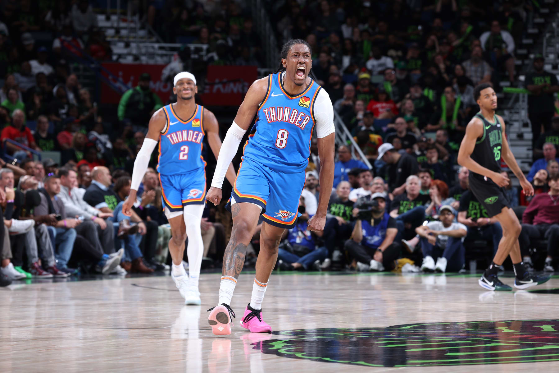 NEW ORLEANS, LA - APRIL 29: Jalen Williams #8 of the Oklahoma City Thunder celebrates during the game against the New Orleans Pelicans during Round 1 Game 4 of the 2024 NBA Playoffs on April 29, 2024 at the Smoothie King Center in New Orleans, Louisiana. NOTE TO USER: User expressly acknowledges and agrees that, by downloading and or using this Photograph, user is consenting to the terms and conditions of the Getty Images License Agreement. Mandatory Copyright Notice: Copyright 2024 NBAE (Photo by Jeff Haynes/NBAE via Getty Images)