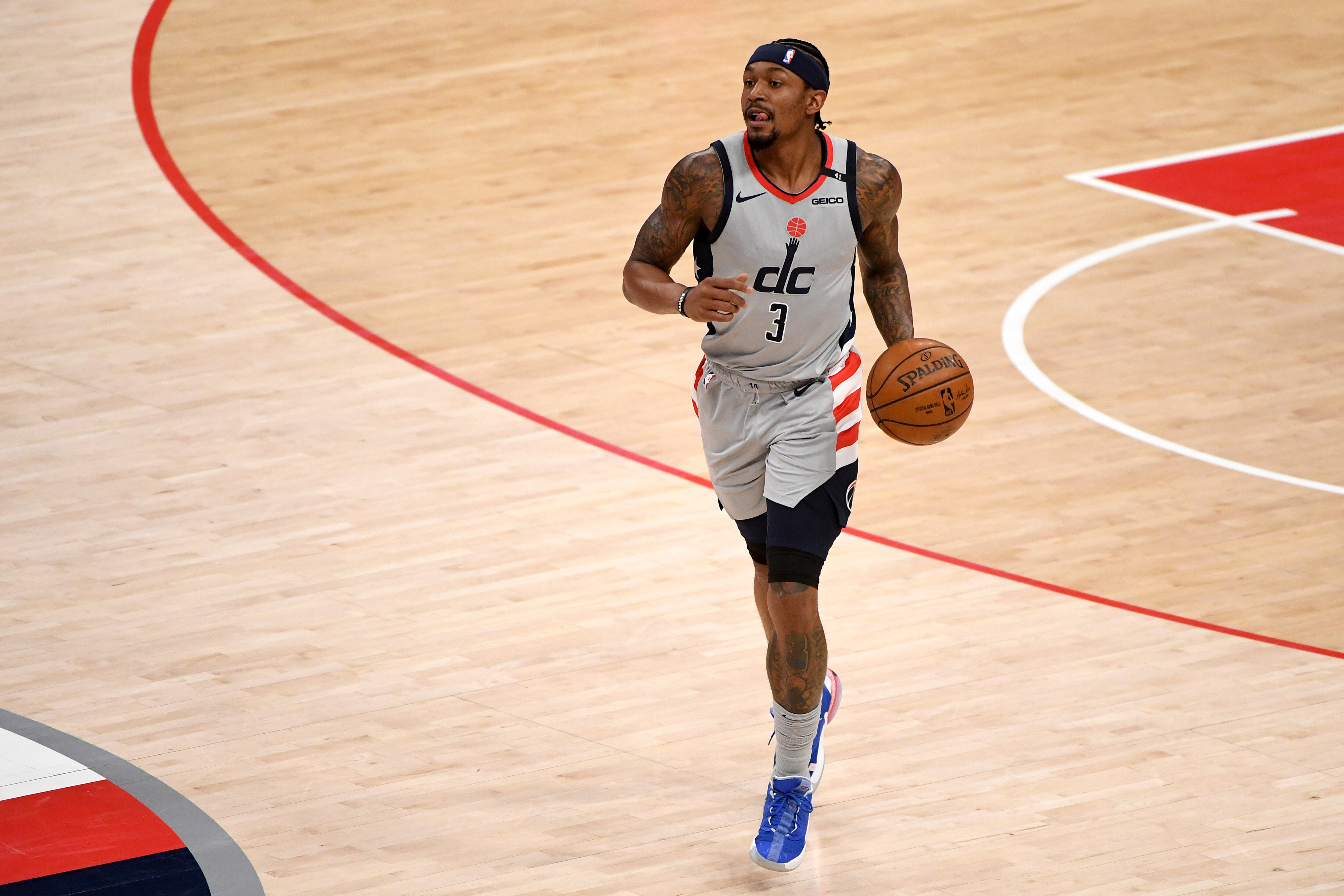 WASHINGTON, DC - MAY 20: Bradley Beal #3 of the Washington Wizards dribbles against the Indiana Pacers during the first half at Capital One Arena on May 20, 2021 in Washington, DC. NOTE TO USER: User expressly acknowledges and agrees that, by downloading and or using this photograph, User is consenting to the terms and conditions of the Getty Images License Agreement. (Photo by Will Newton/Getty Images)
