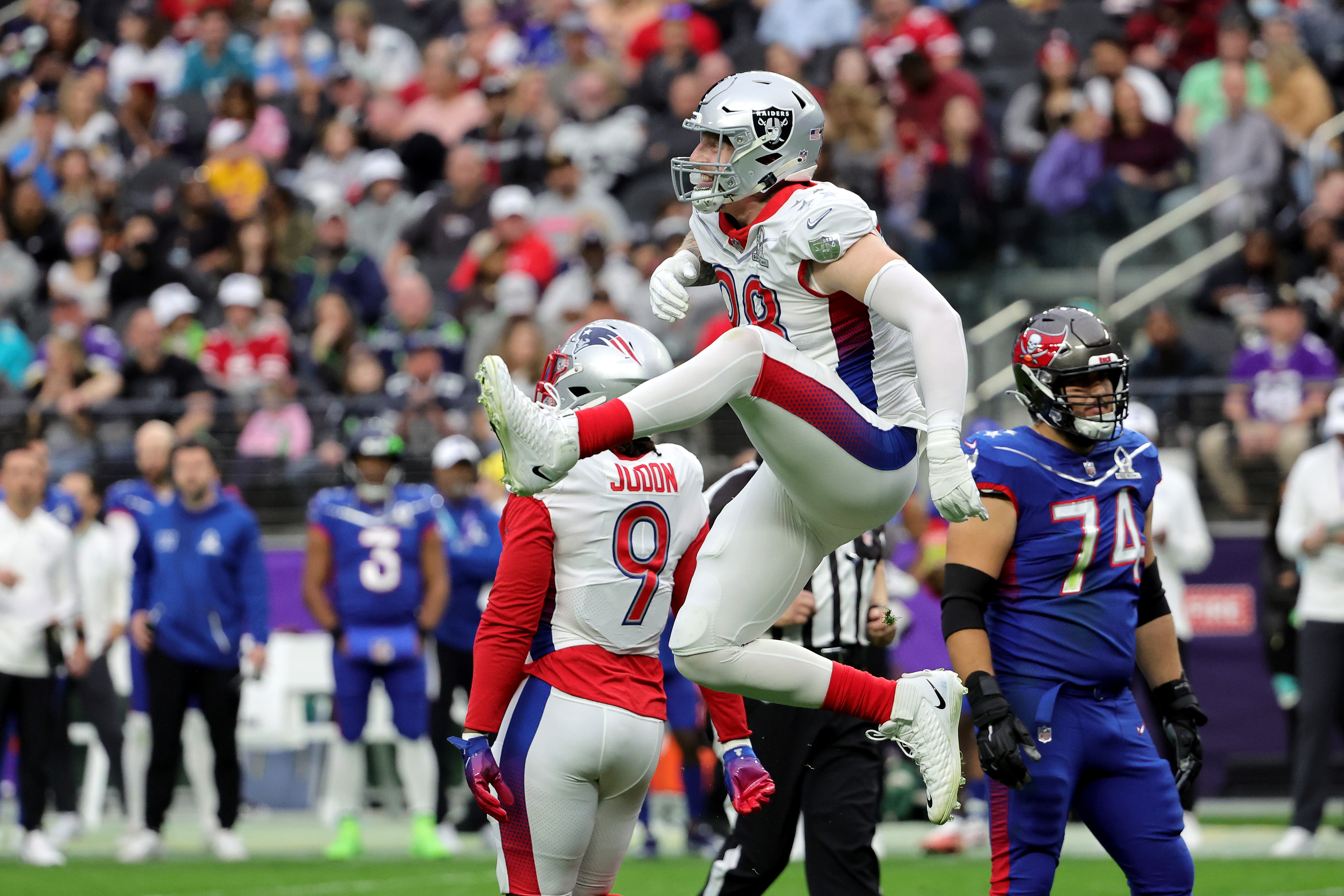 LAS VEGAS, NEVADA - FEBRUARY 06: Maxx Crosby #98 of the Las Vegas Raiders reacts after sacking the quarterback in the second quarter of the game against the NFC during the 2022 NFL Pro Bowl at Allegiant Stadium on February 06, 2022 in Las Vegas, Nevada. (Photo by Ethan Miller/Getty Images)