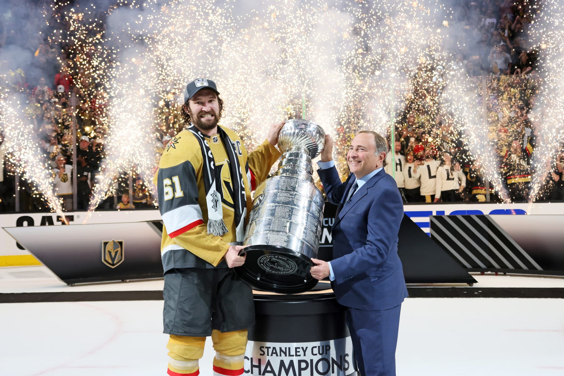 LAS VEGAS, NEVADA - JUNE 13: NHL commissioner Gary Bettman presents Mark Stone #61 of the Vegas Golden Knights with the Stanley Cup after the Vegas Golden Knights defeated the Florida Panthers in Game Five of the 2023 NHL Stanley Cup Final at T-Mobile Arena on June 13, 2023 in Las Vegas, Nevada. (Photo by Bruce Bennett/Getty Images) LAS VEGAS, NEVADA - JUNE 13: NHL commissioner Gary Bettman presents Mark Stone #61 of the Vegas Golden Knights with the Stanley Cup after the Vegas Golden Knights defeated the Florida Panthers in Game Five of the 2023 NHL Stanley Cup Final at T-Mobile Arena on June 13, 2023 in Las Vegas, Nevada. (Photo by Bruce Bennett/Getty Images)