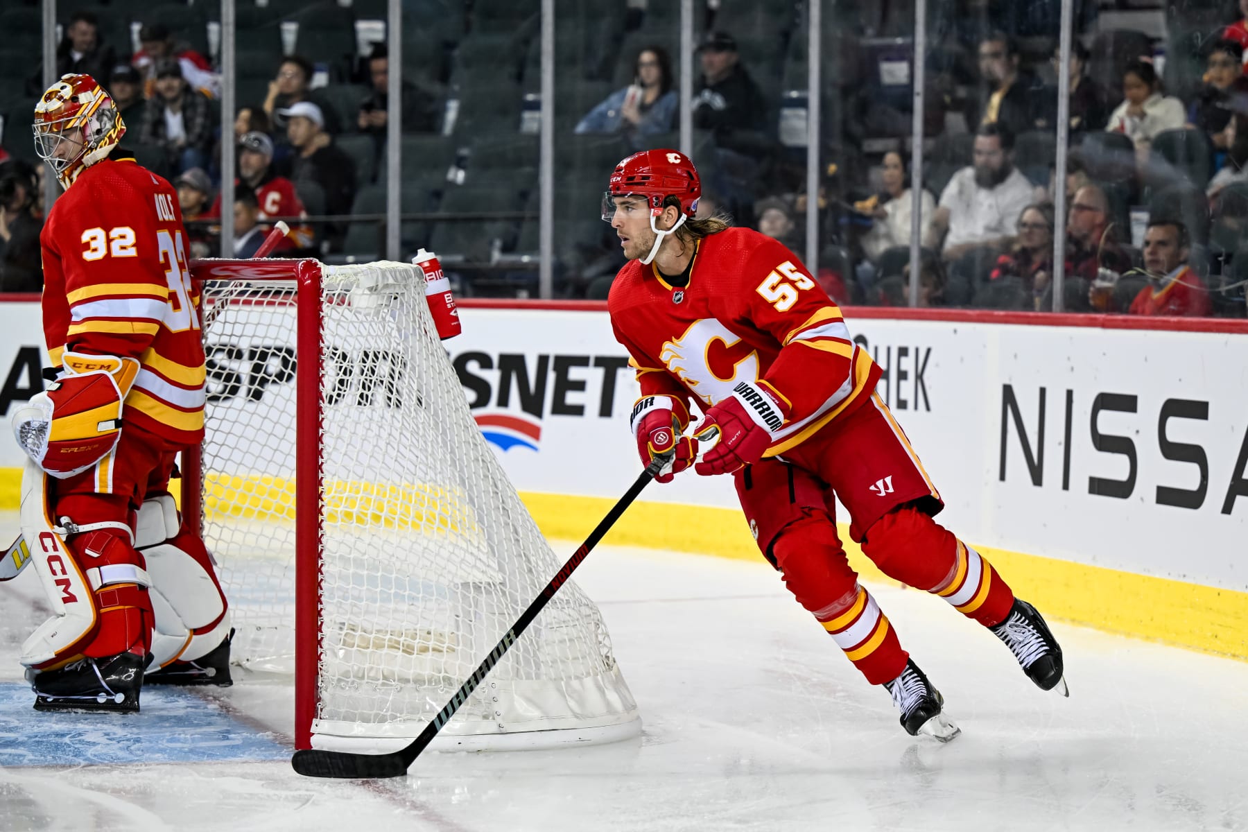 CALGARY, AB - SEPTEMBER 25: Calgary Flames Defenceman Noah Hanifin (55) skates during the second period of an NHL preseason game between the Calgary Flames and the Seattle Kraken on September 25, 2023, at the Scotiabank Saddledome in Calgary, AB. (Photo by Brett Holmes/Icon Sportswire via Getty Images)