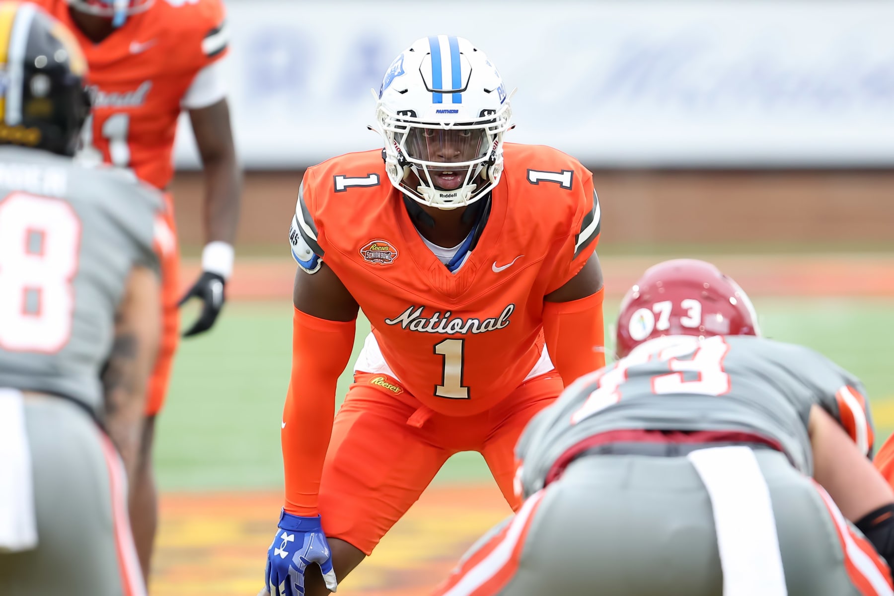 MOBILE, AL - FEBRUARY 03: National linebacker Jontrey Hunter of Georgia State (1) during the 2024 Reese's Senior Bowl on February 3, 2024 at Hancock Whitney Stadium in Mobile, Alabama.  (Photo by Michael Wade/Icon Sportswire via Getty Images)