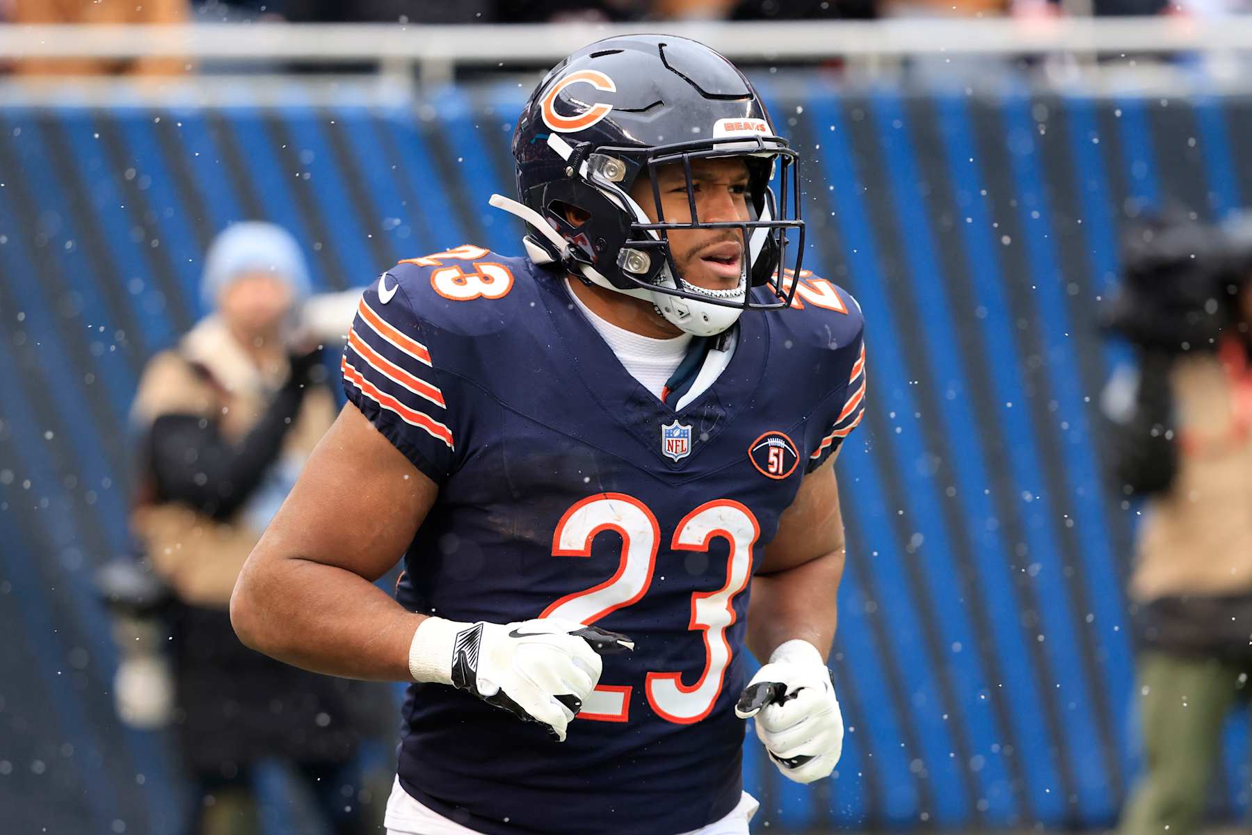 CHICAGO, ILLINOIS - DECEMBER 31: Roschon Johnson #23 of the Chicago Bears celebrates after a touchdown in the game against the Atlanta Falcons at Soldier Field on December 31, 2023 in Chicago, Illinois. (Photo by Justin Casterline/Getty Images)