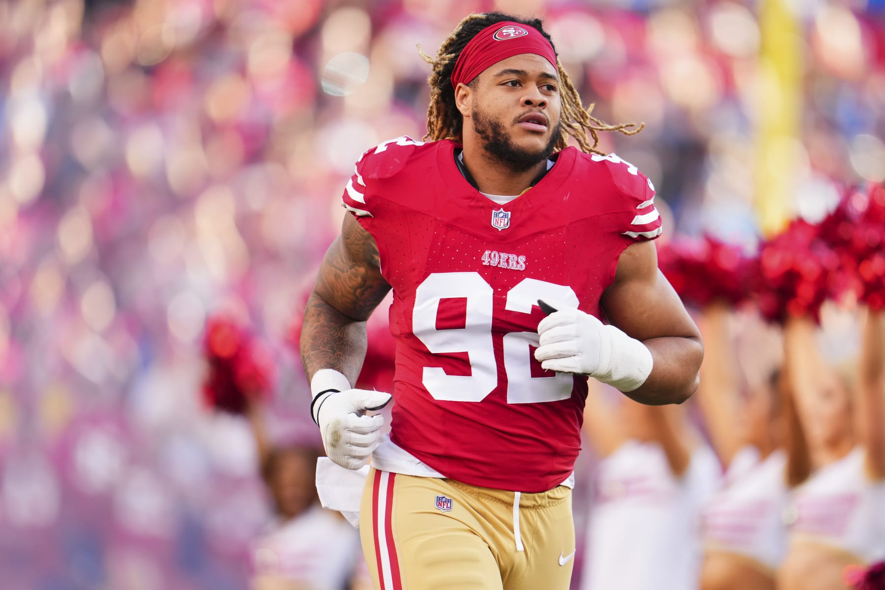 SANTA CLARA, CA - JANUARY 28: Chase Young #92 of the San Francisco 49ers takes the field before kickoff against the Detroit Lions during the NFC Championship football game at Levi's Stadium on January 28, 2024 in Santa Clara, California. (Photo by Cooper Neill/Getty Images)