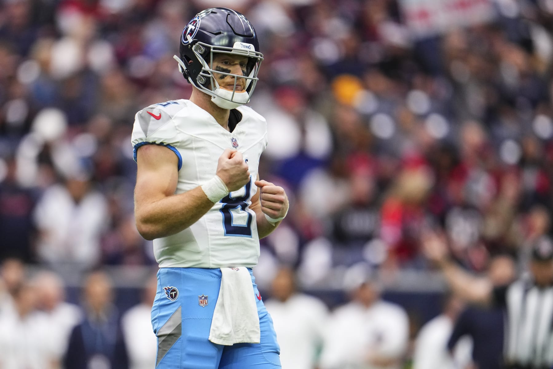 HOUSTON, TX - DECEMBER 31: Will Levis #8 of the Tennessee Titans looks on from the field during an NFL football game against the Houston Texans at NRG Stadium on December 31, 2023 in Houston, Texas. (Photo by Cooper Neill/Getty Images)