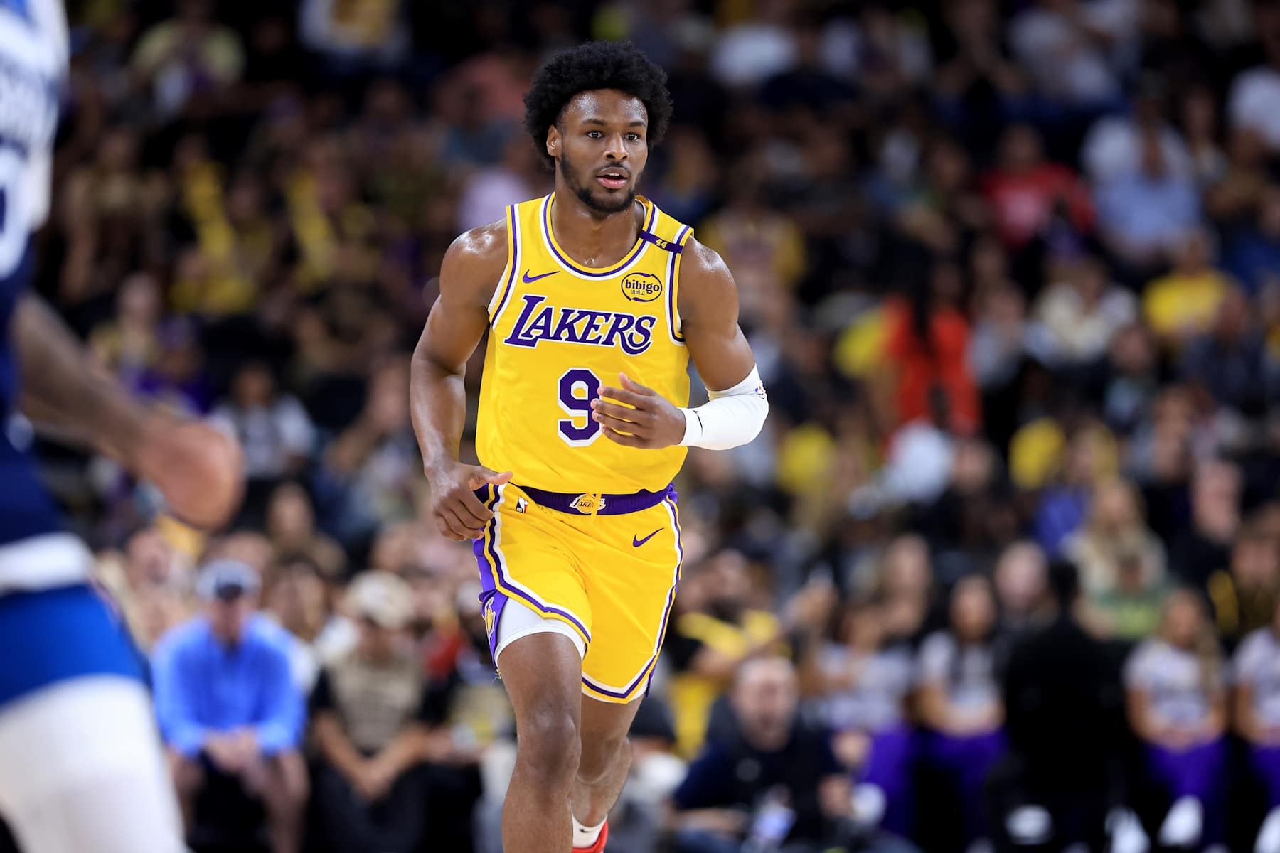 PALM SPRINGS, CALIFORNIA - OCTOBER 04: Bronny James #9 of the Los Angeles Lakers looks onduring the first half of a game against the Minnesota Timberwolves at Acrisure Arena on October 04, 2024 in Palm Springs, California.  (Photo by Sean M. Haffey/Getty Images)