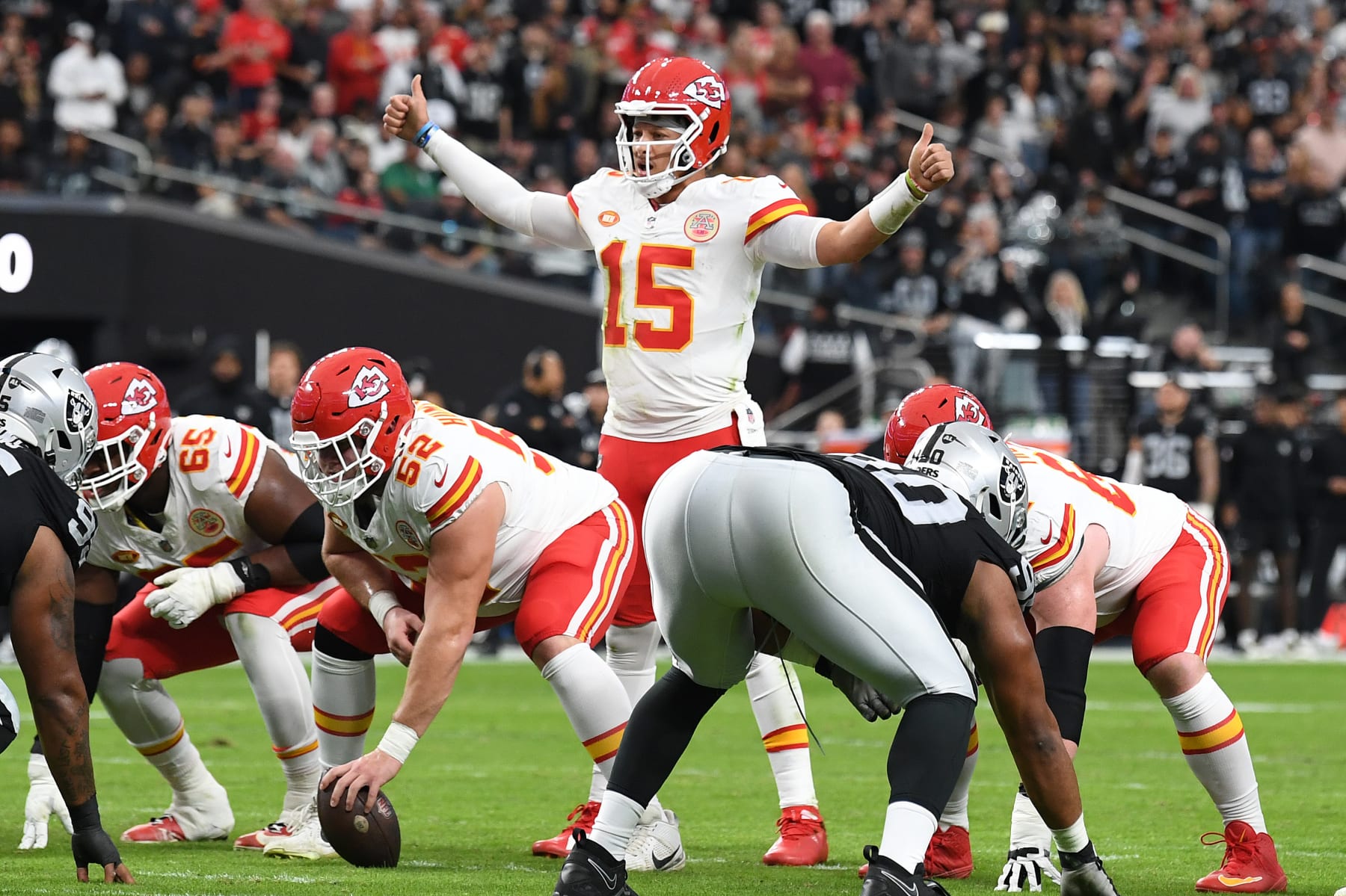 LAS VEGAS, NEVADA - NOVEMBER 26: Patrick Mahomes #15 of the Kansas City Chiefs calls out orders at the line of scrimmage during the second quarter against the Las Vegas Raiders at Allegiant Stadium on November 26, 2023 in Las Vegas, Nevada. (Photo by Candice Ward/Getty Images)