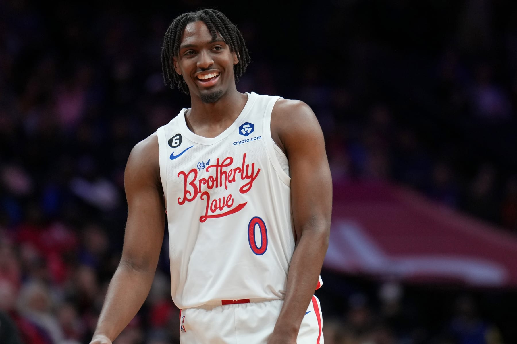 PHILADELPHIA, PA - MARCH 20: Tyrese Maxey #0 of the Philadelphia 76ers looks on during the game against the Chicago Bulls on March 20, 2023 at the Wells Fargo Center in Philadelphia, Pennsylvania NOTE TO USER: User expressly acknowledges and agrees that, by downloading and/or using this Photograph, user is consenting to the terms and conditions of the Getty Images License Agreement. Mandatory Copyright Notice: Copyright 2023 NBAE (Photo by Jesse D. Garrabrant/NBAE via Getty Images)