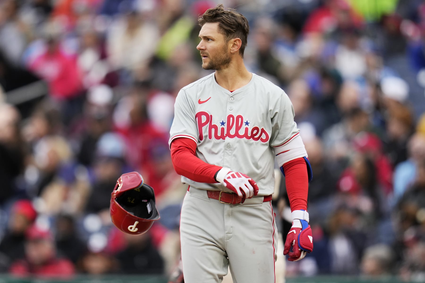 WASHINGTON, DC - APRIL 06: Trea Turner #7 of the Philadelphia Phillies tosses his helmet after striking out against the Washington Nationals during the fifth inning at Nationals Park on April 06, 2024 in Washington, DC. (Photo by Jess Rapfogel/Getty Images)