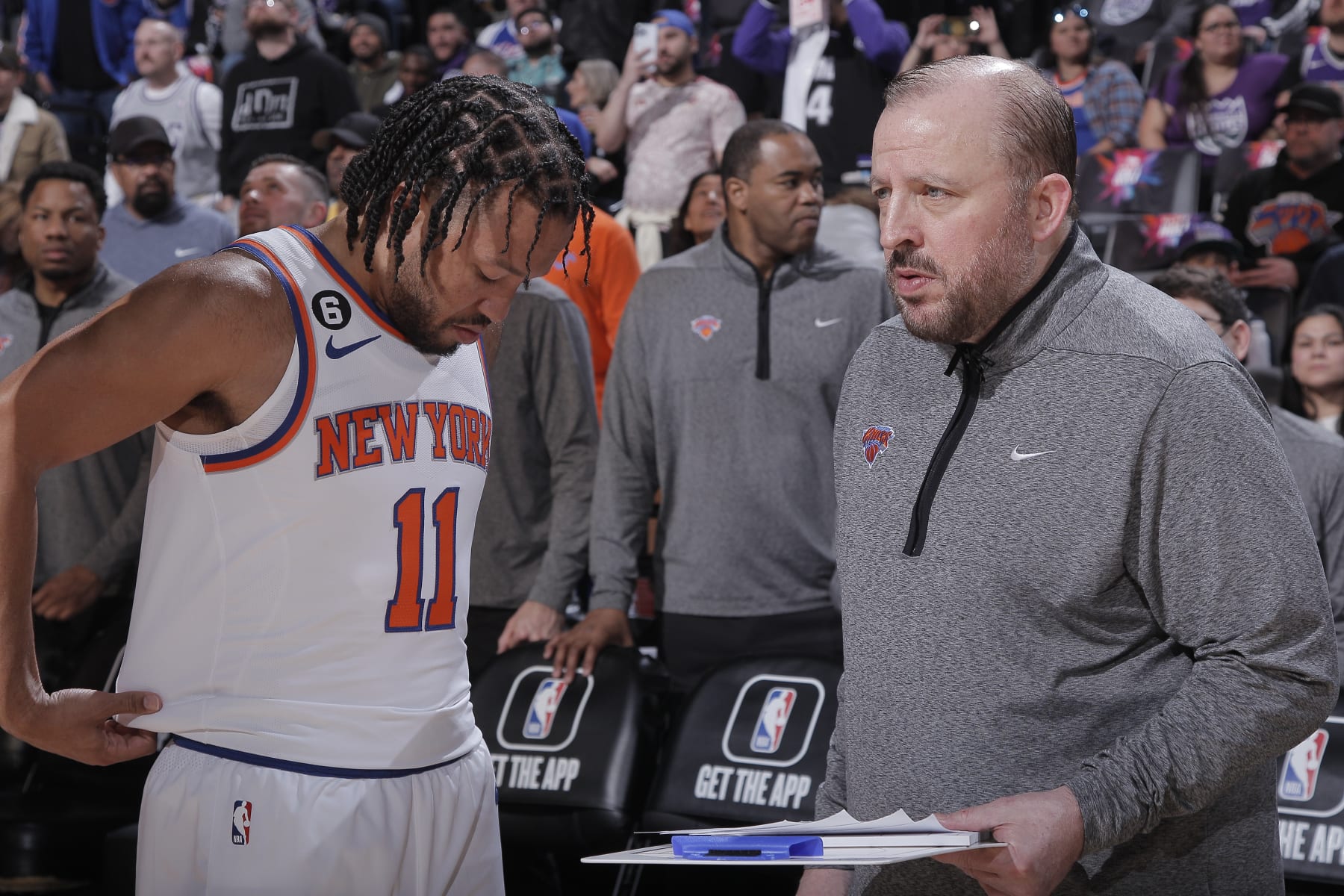 SACRAMENTO, CA - MARCH 9: Head Coach Tom Thibodeau and Jalen Brunson #11 of the New York Knicks talk prior to the game against the Sacramento Kings on March 9, 2023 at Golden 1 Center in Sacramento, California. NOTE TO USER: User expressly acknowledges and agrees that, by downloading and or using this photograph, User is consenting to the terms and conditions of the Getty Images Agreement. Mandatory Copyright Notice: Copyright 2023 NBAE (Photo by Rocky Widner/NBAE via Getty Images)