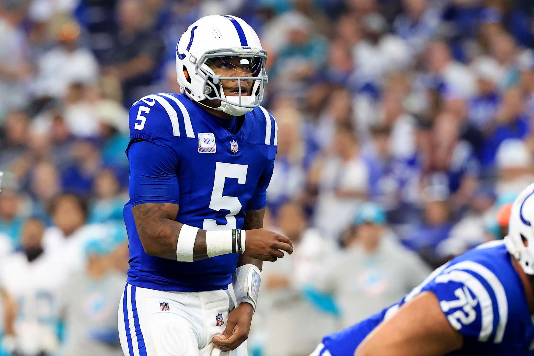 INDIANAPOLIS, INDIANA - OCTOBER 20: Anthony Richardson #5 of the Indianapolis Colts looks on against the Miami Dolphins at Lucas Oil Stadium on October 20, 2024 in Indianapolis, Indiana. (Photo by Justin Casterline/Getty Images)