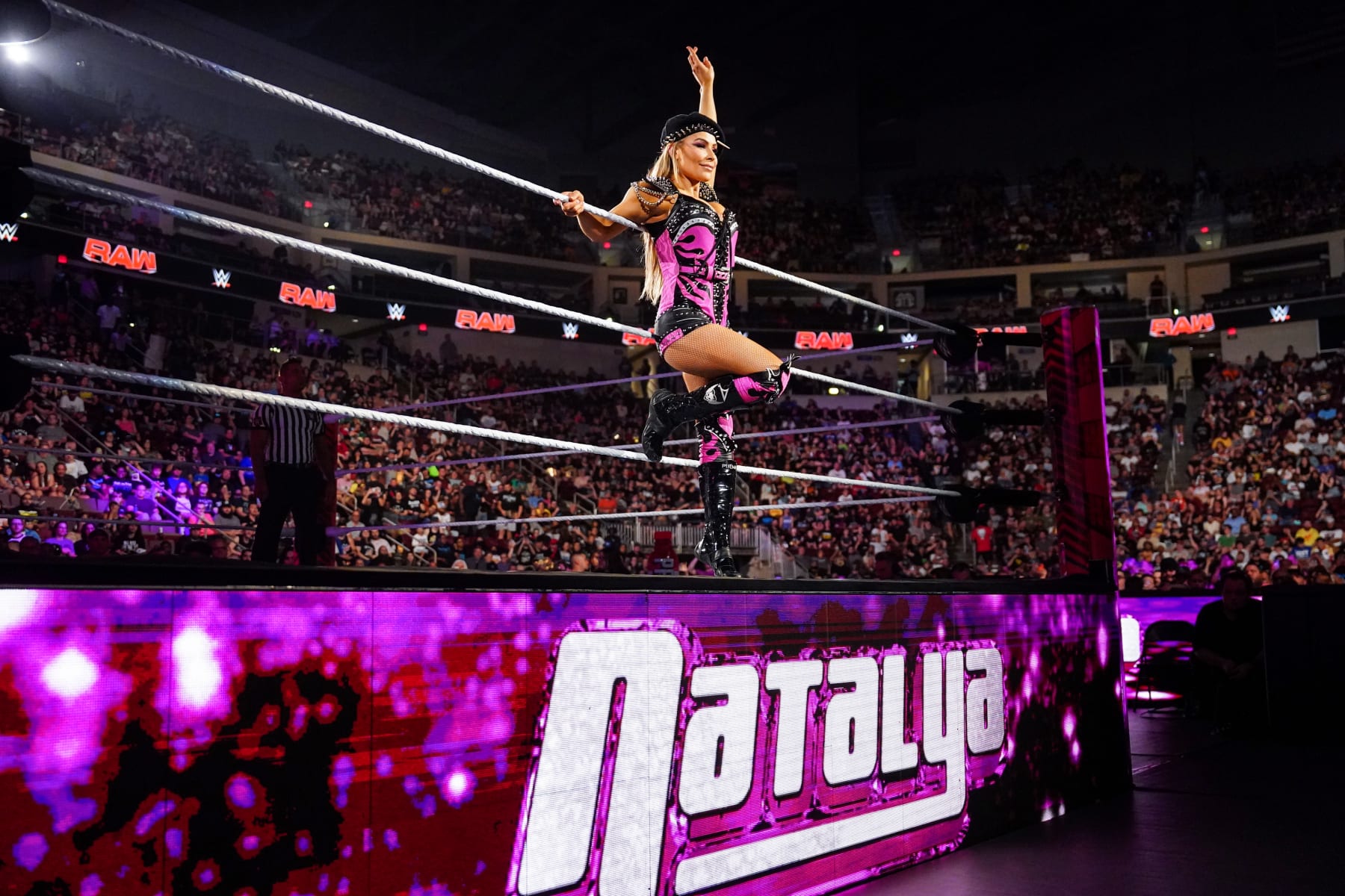 HERSHEY, PENNSYLVANIA - JUNE 3: Natalya enters the ring during Monday Night RAW at Giant Center on June 3, 2024 in Hershey, Pennsylvania.  (Photo by WWE/Getty Images)