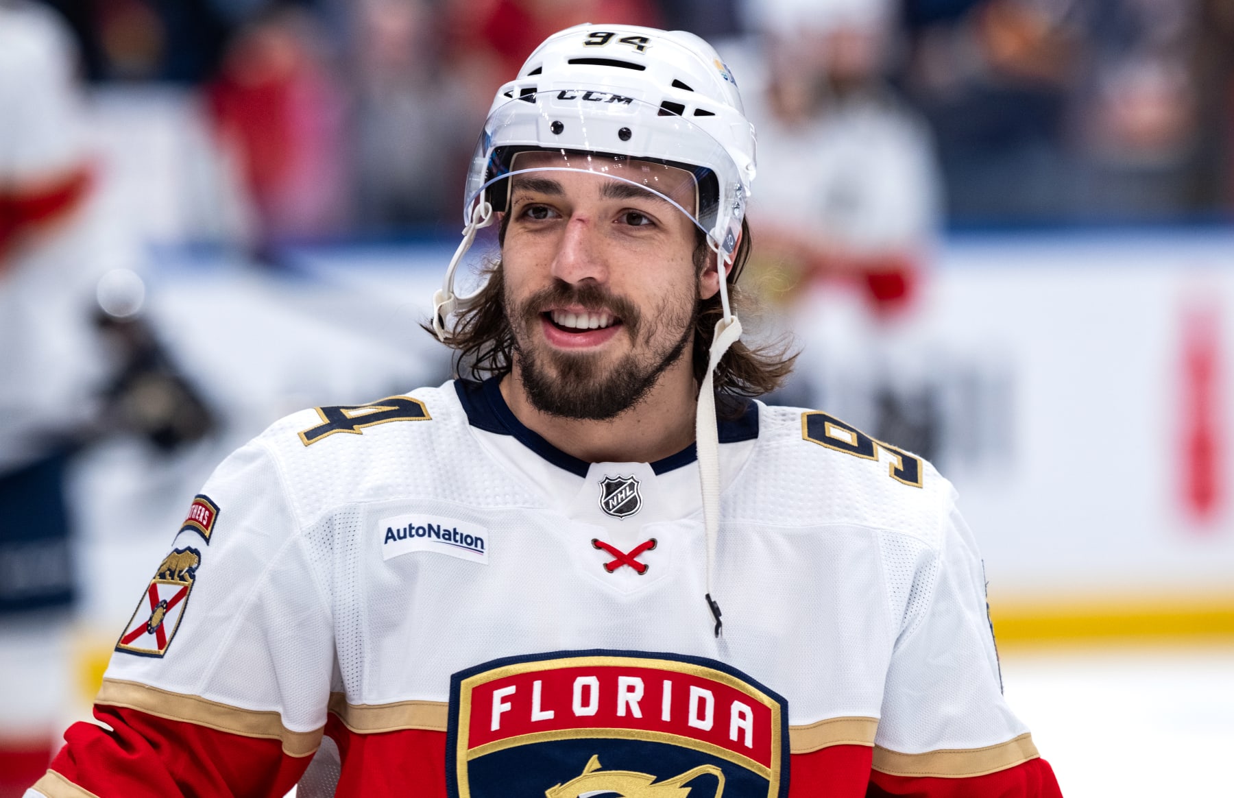 ELMONT, NEW YORK - JANUARY 27: Ryan Lomberg #94 of the Florida Panthers skates during warmups prior to the game against the New York Islanders at UBS Arena on January 27, 2024 in Elmont, New York. (Photo by Michael Mooney/NHLI via Getty Images)