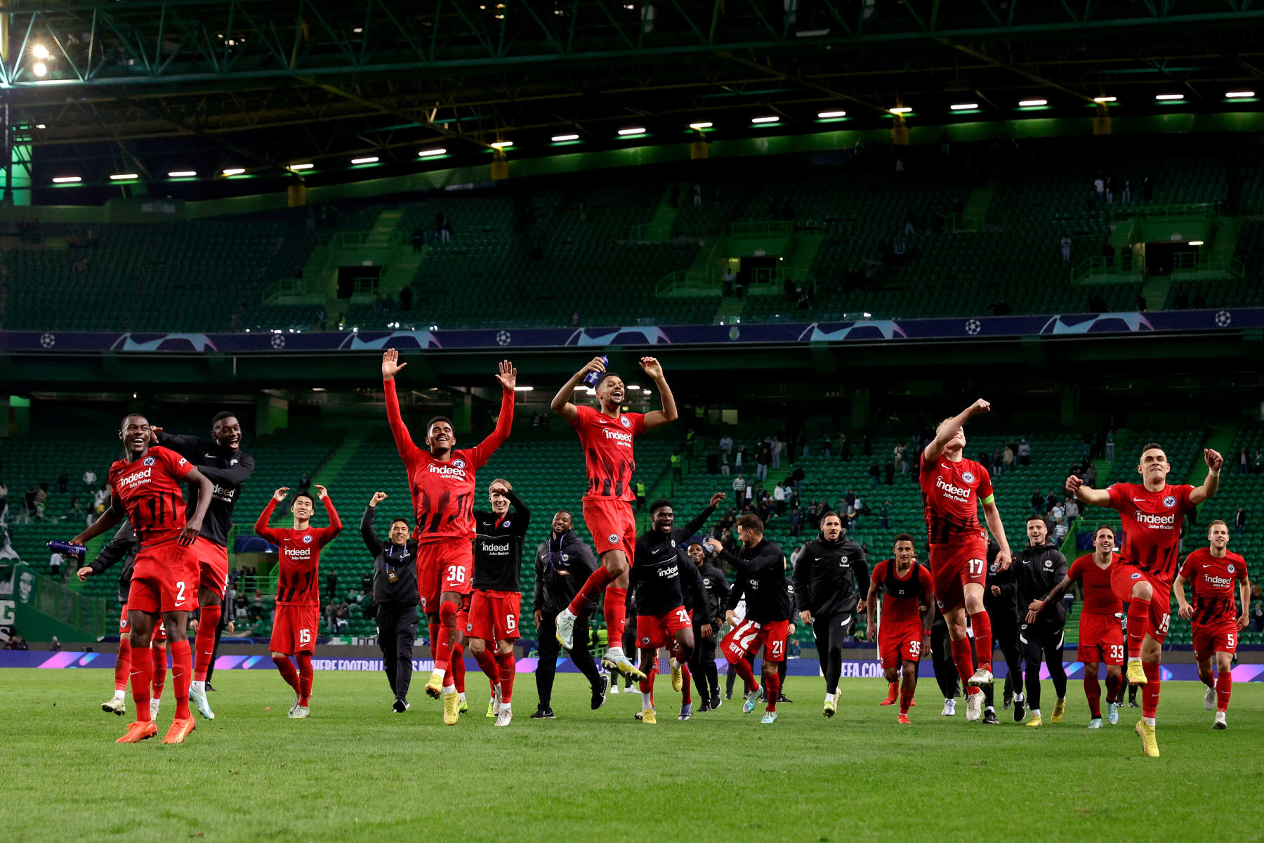 Eintracht Frankfurt celebrate their win over Sporting Lisbon.