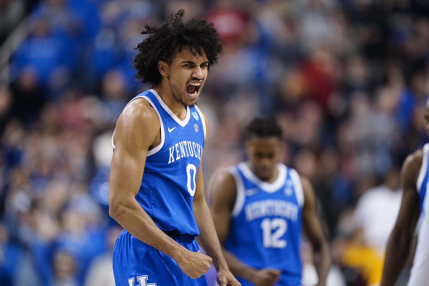 GREENSBORO, NORTH CAROLINA - MARCH 19: Jacob Toppin #0 of the Kentucky Wildcats reacts during the second half against the Kansas State Wildcats in the second round of the NCAA Men's Basketball Tournament at The Fieldhouse at Greensboro Coliseum on March 19, 2023 in Greensboro, North Carolina. (Photo by Jacob Kupferman/Getty Images)