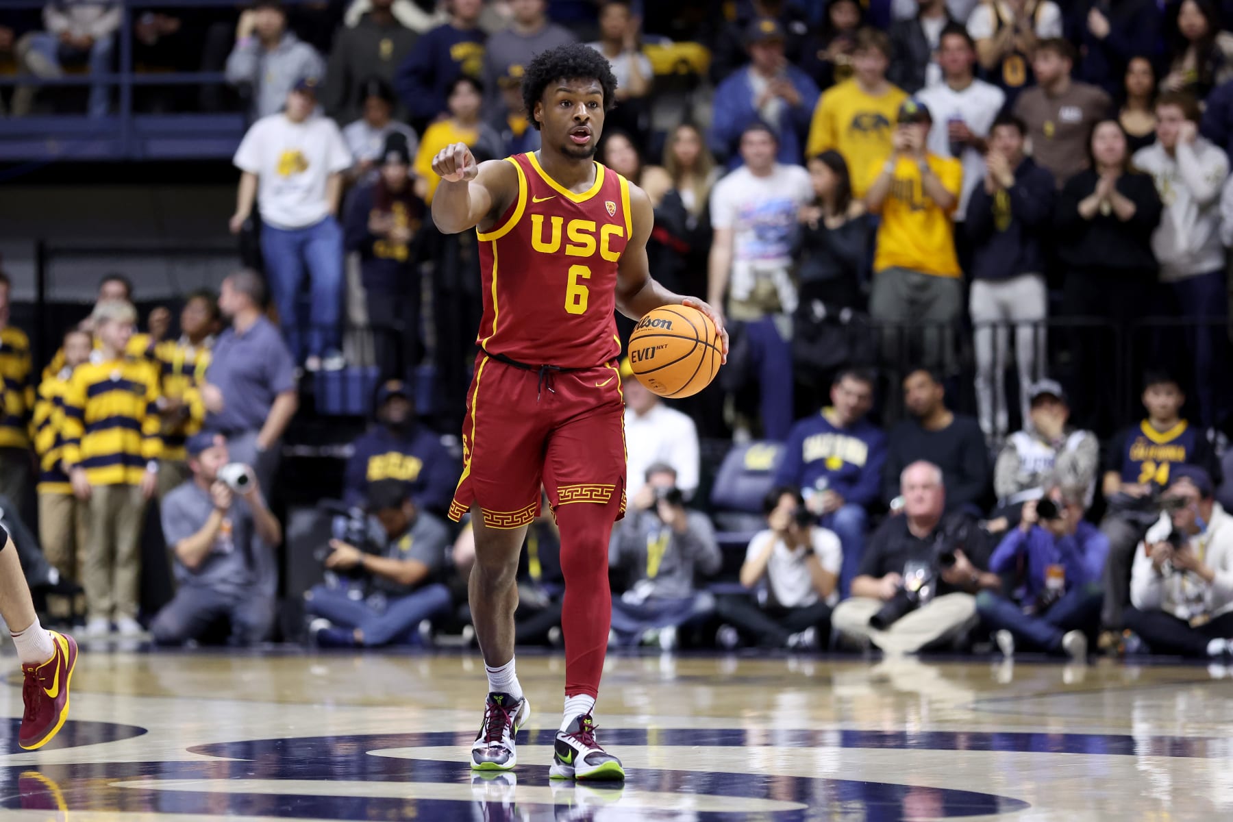 BERKELEY, CALIFORNIA - FEBRUARY 07: Bronny James #6 of the USC Trojans dribbles the ball down court against the California Golden Bears in the first half at Haas Pavilion on February 07, 2024 in Berkeley, California. (Photo by Ezra Shaw/Getty Images)