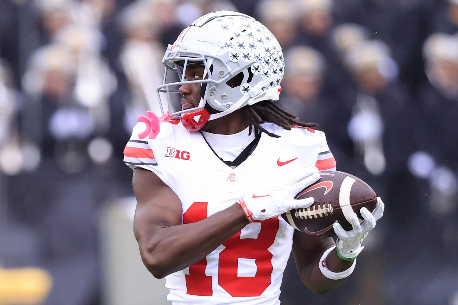 WEST LAFAYETTE, INDIANA - OCTOBER 14: Marvin Harrison Jr. #18 of the Ohio State Buckeyes makes a catch in the game against the Purdue Boilermakers at Ross-Ade Stadium on October 14, 2023 in West Lafayette, Indiana. (Photo by Justin Casterline/Getty Images)