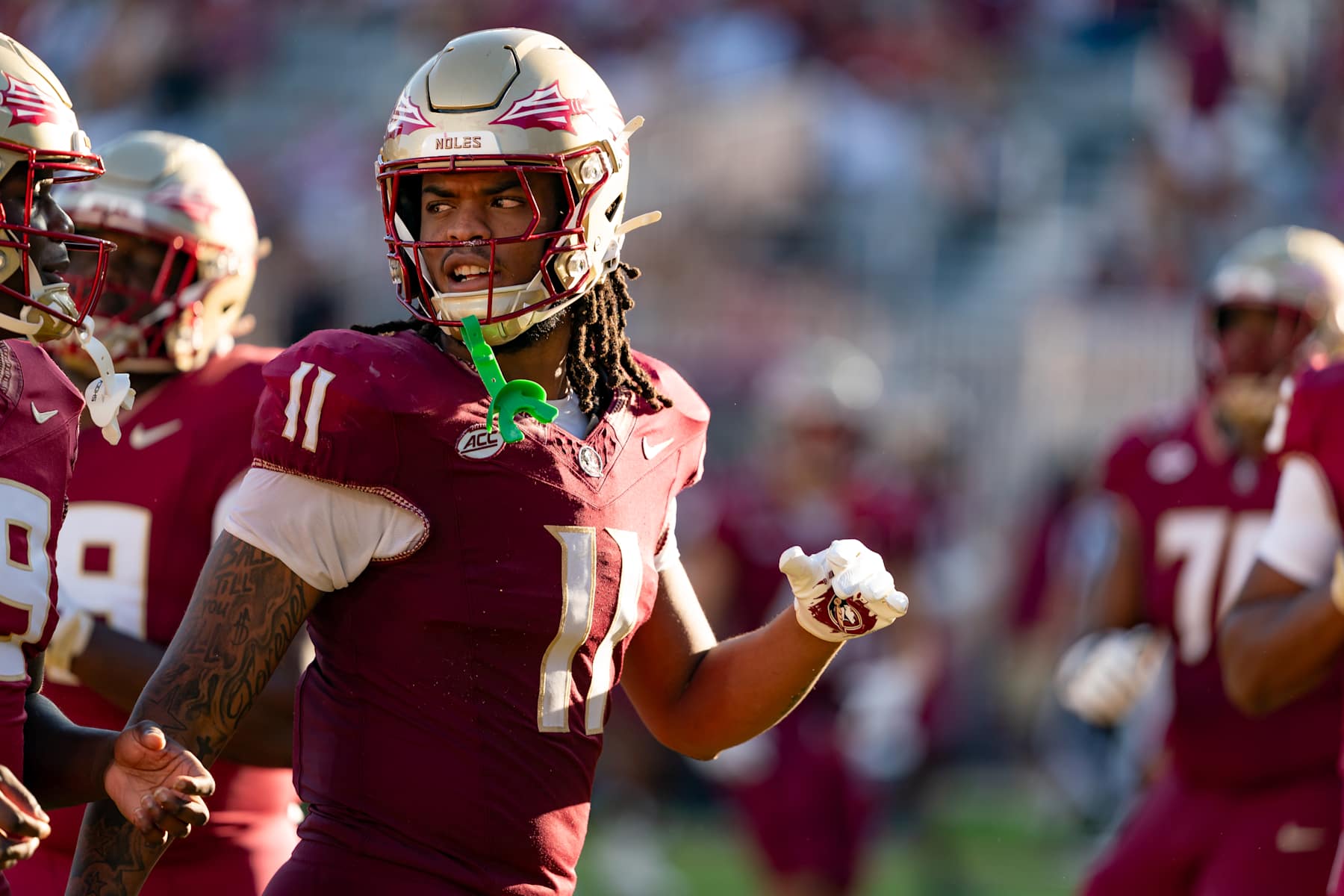TALLAHASSEE, FL - NOVEMBER 02: Florida State Seminoles defensive lineman Patrick Payton (11) warms up during a college football game between the North Carolina Tar Heels and Florida State Seminoles on November 2nd, 2024 at Doak Campbell in Tallahassee, FL. (Photo by Chris Leduc/Icon Sportswire via Getty Images)