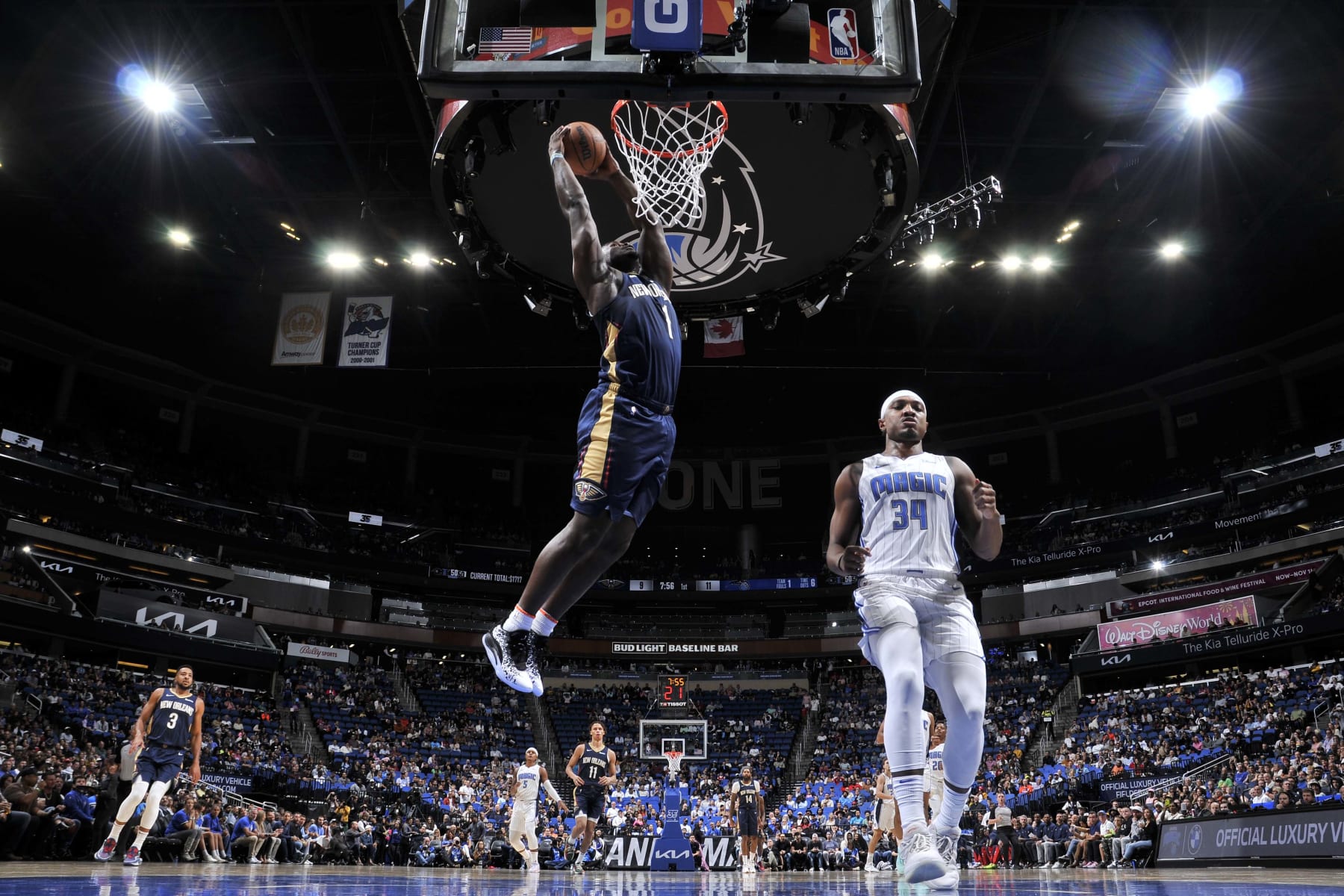 ORLANDO, FL - OCTOBER 17: Zion Williamson #1 of the New Orleans Pelicans dunks the ball during the game against the Orlando Magic on October 17, 2023 at Amway Center in Orlando, Florida. NOTE TO USER: User expressly acknowledges and agrees that, by downloading and or using this photograph, User is consenting to the terms and conditions of the Getty Images License Agreement. Mandatory Copyright Notice: Copyright 2023 NBAE (Photo by Fernando Medina/NBAE via Getty Images)