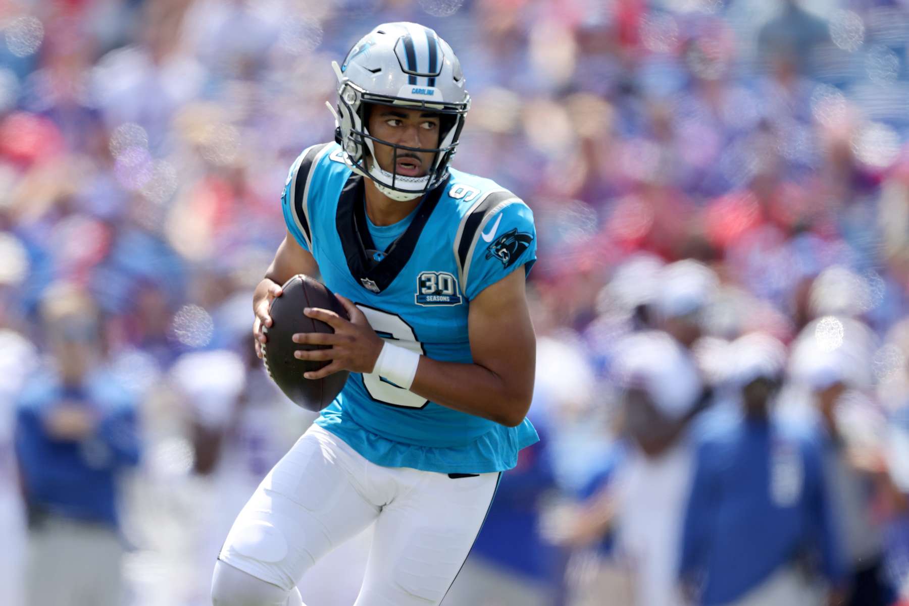 ORCHARD PARK, NEW YORK - AUGUST 24: Bryce Young #9 of the Carolina Panthers looks to pass during the first quarter of a preseason game against the Buffalo Bills at Highmark Stadium on August 24, 2024 in Orchard Park, New York. (Photo by Bryan Bennett/Getty Images)